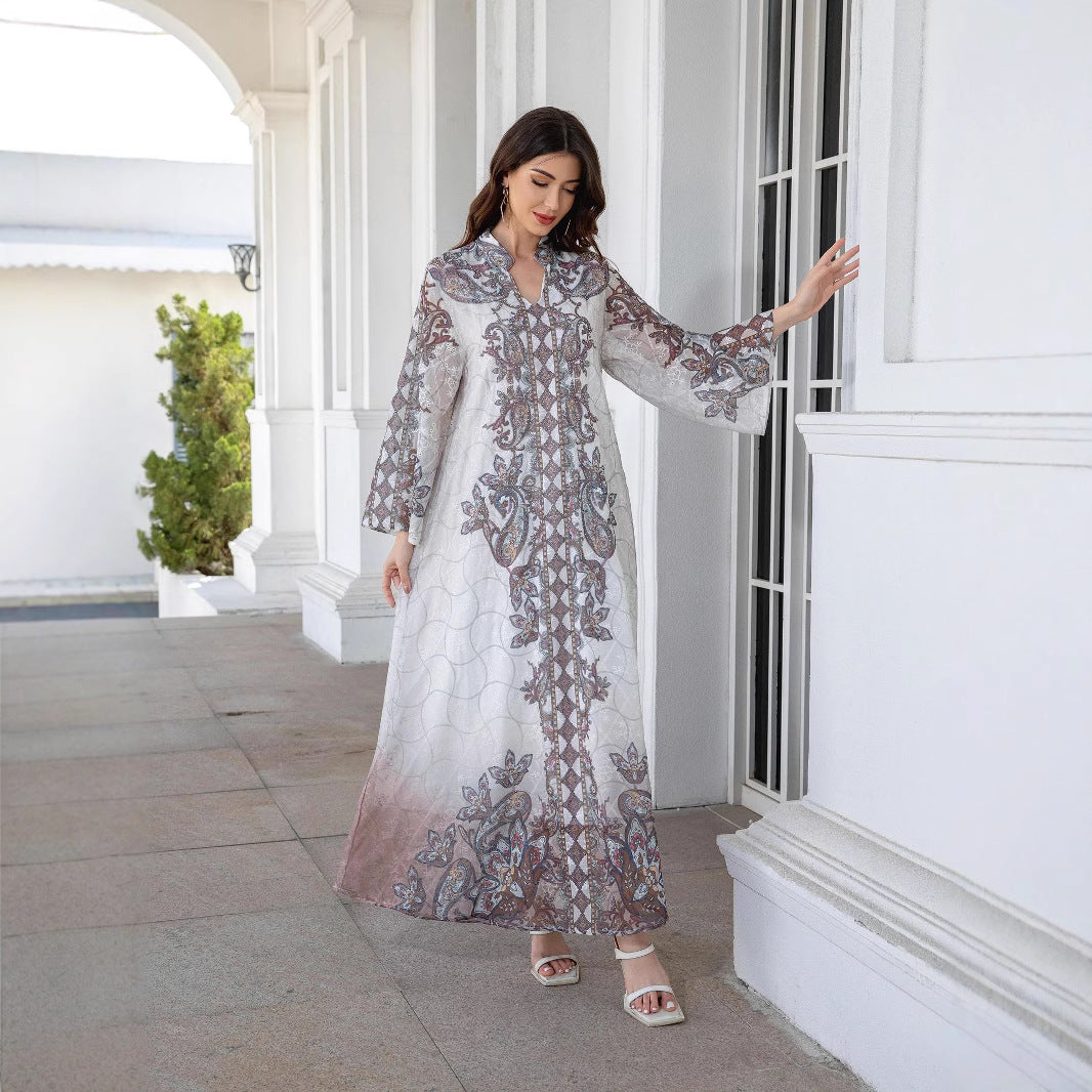 Lotus Pink Embroidered Printed Maxi Abaya - Rhinestone Trim Gown