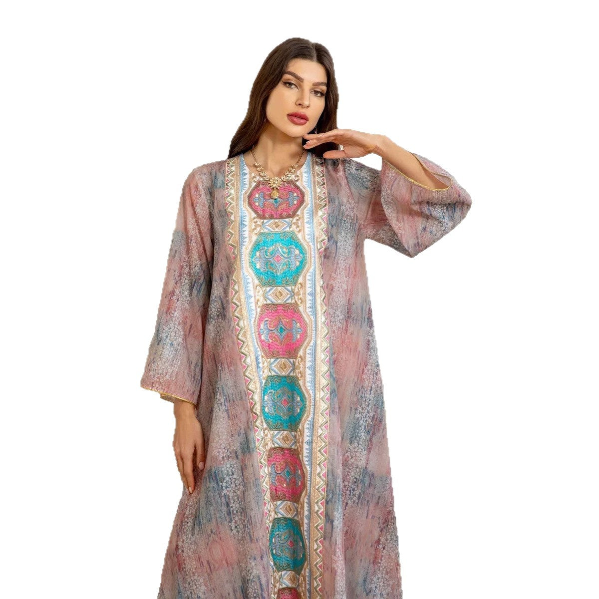 Pink Sequin Embroidered Gown Cover-up Long Maxi Dress Modest Muslim Jalabiya Robe for Women Eid Ramadan