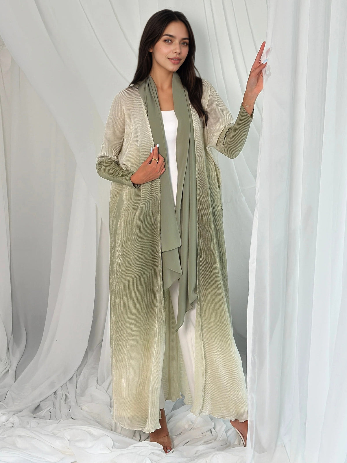 Gradient Print Pleated Open Front Abaya Cardigan Modest Long Maxi Dress for Muslim Women Eid Ramadan Casual S-XXL