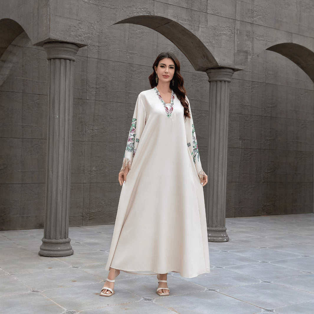 Graceful Apricot V-Neck Kaftan – Muslim Embroidered Long Dress