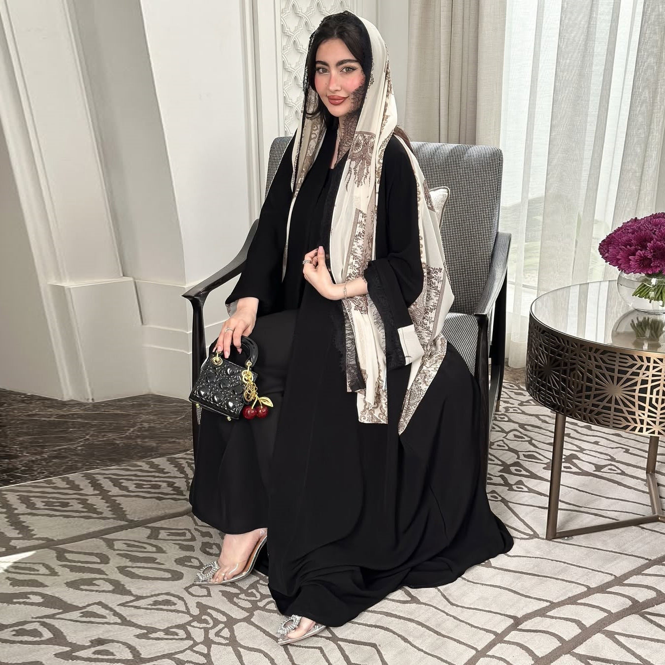 Black Floral Lace Patchwork Ice Silk Crinkle Maxi Cardigan Cape - One Size