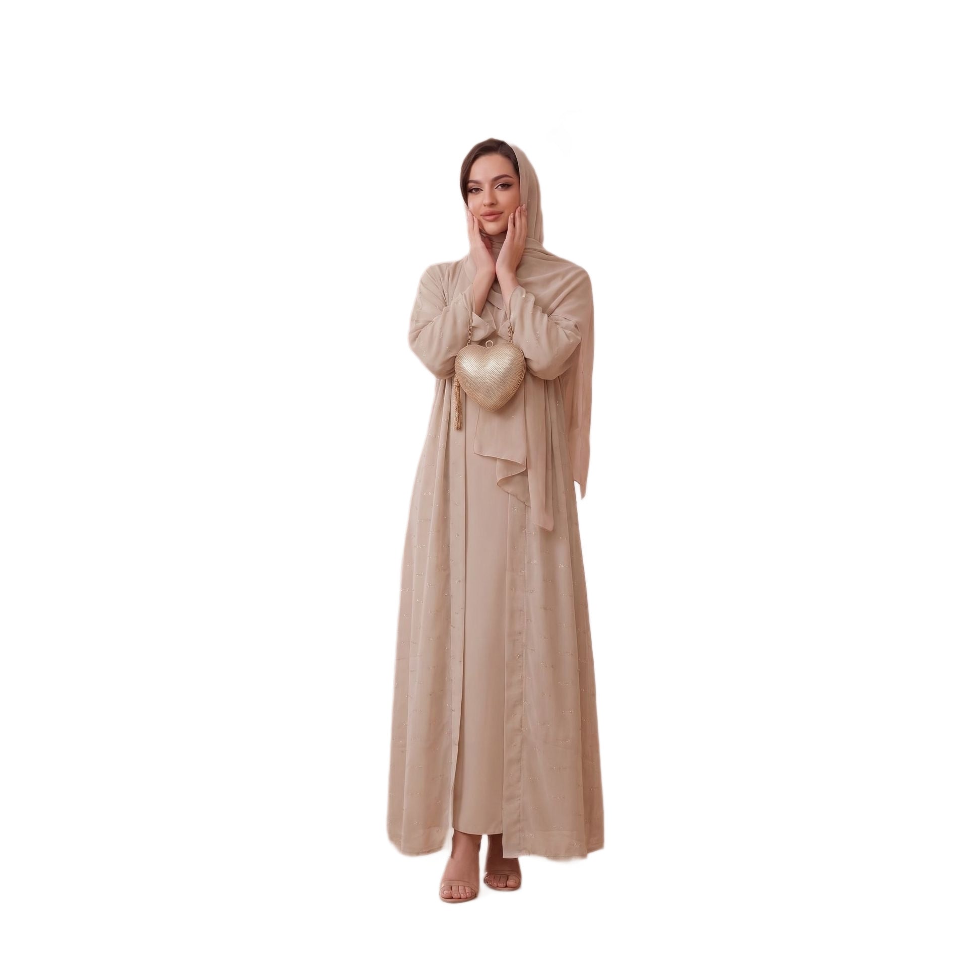 Apricot Black V-Neck Beaded Open Abaya with Hijab Set
