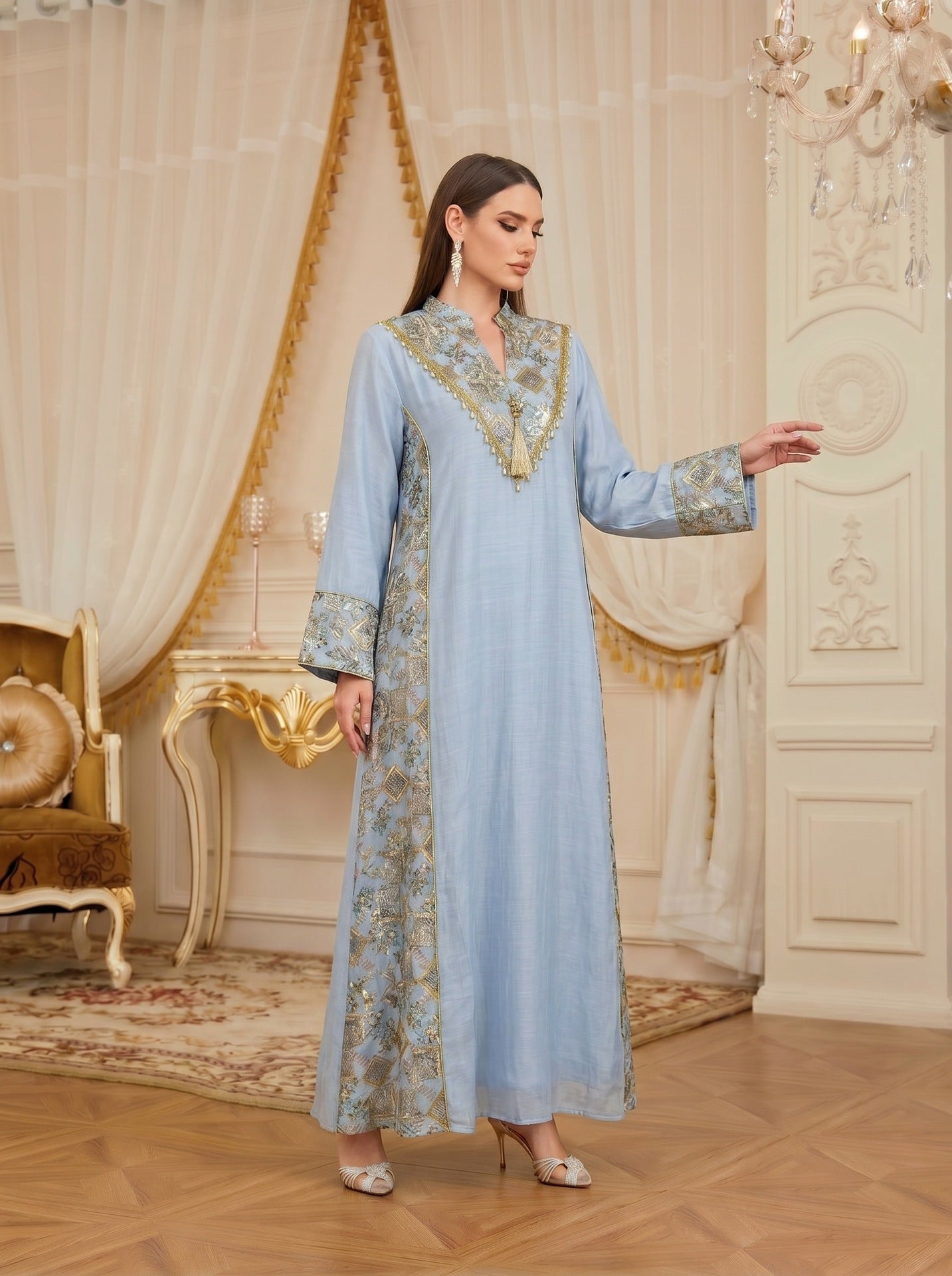 White Apricot Light Blue V-Neck Embroidered Pendant Evening Maxi Abaya