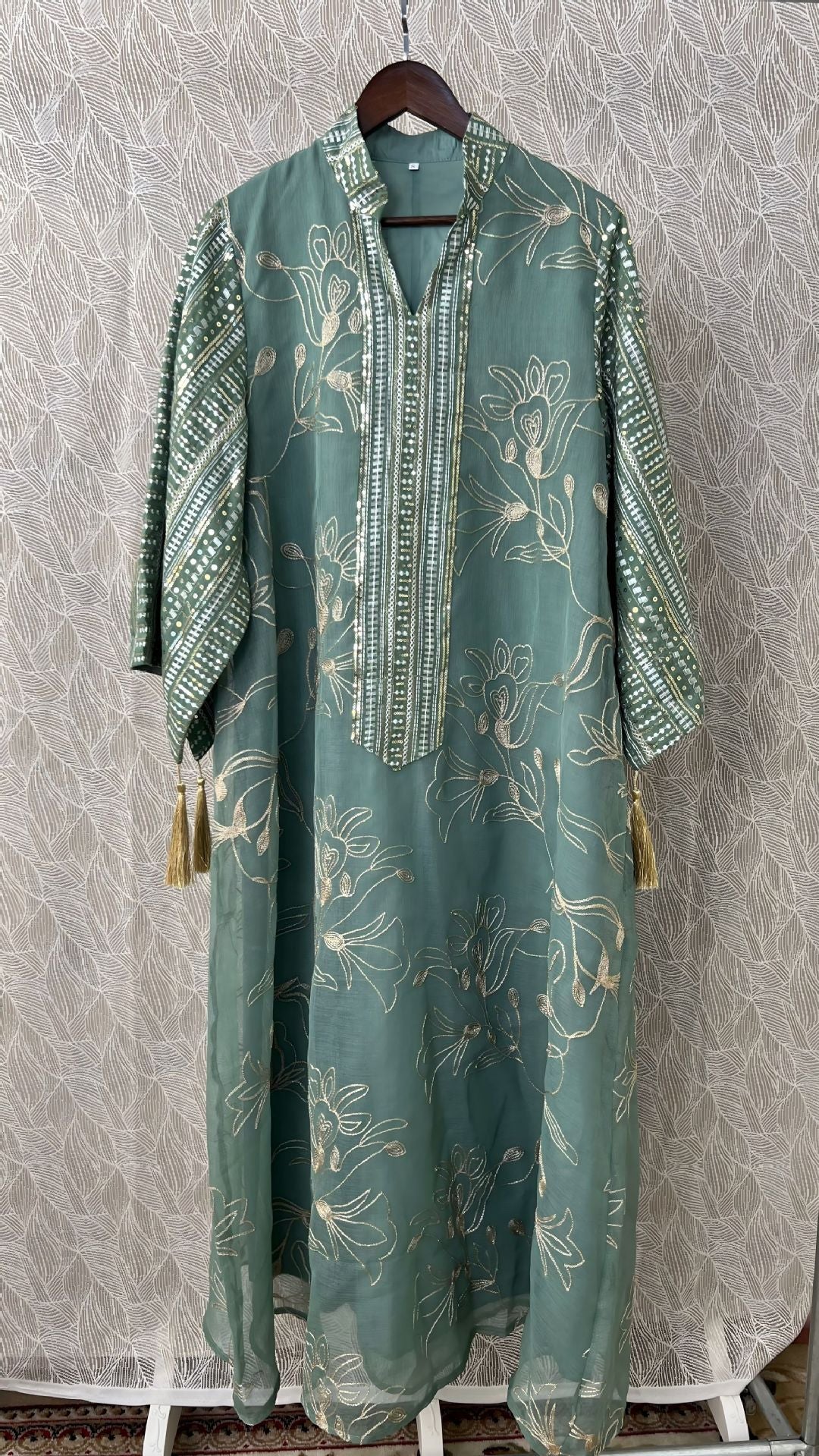 Sage Green Nude Burgundy 3 Tone Embroidered Muslim Maxi Dress Sequin Sleeve Flowy Chiffon Ramadan Vacation Robe