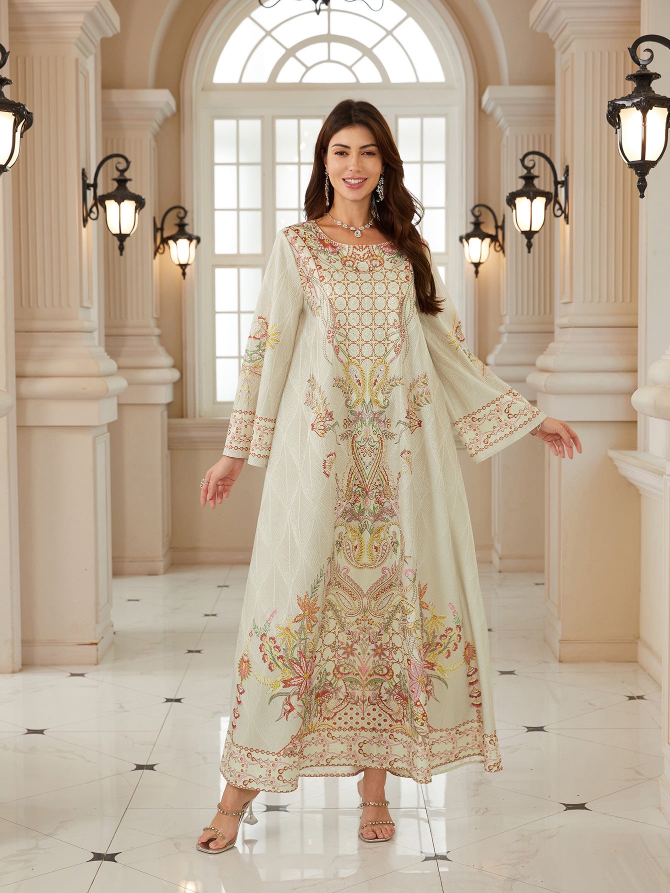 Light Beige Floral Paisley Embroidery Abaya Loose Wide Long Sleeve Full Length Modest Muslim Women Maxi Kaftan Dress For Wedding Daily Occasion