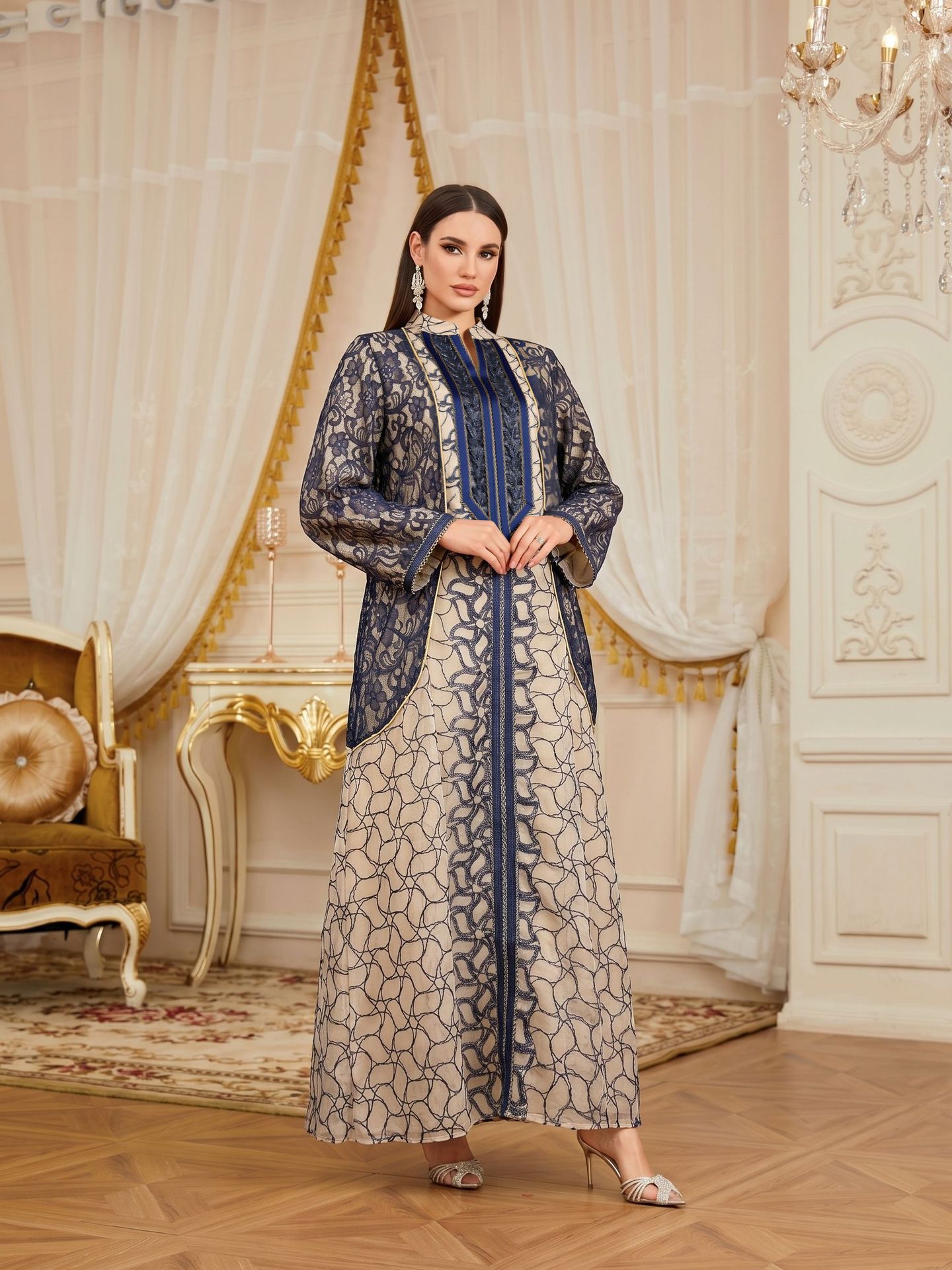 Contrast Lace Trim Sequin Embroidered Gown Jalabiya Modest Long Maxi Evening Dress for Muslim Women Eid Ramadan S-XXL