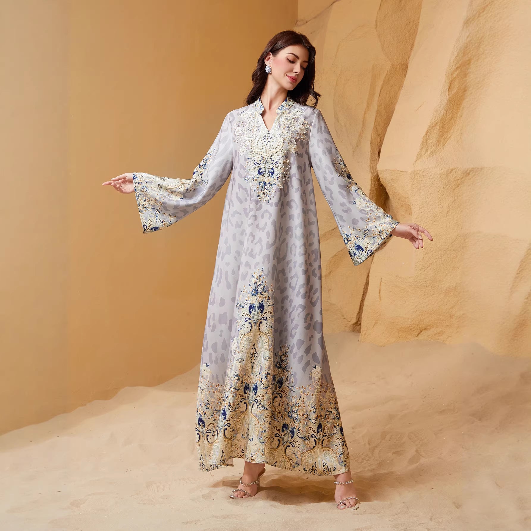 Bold Yellow Grey Leopard Rhinestone Kaftan Abaya Maxi Eid Ramadan