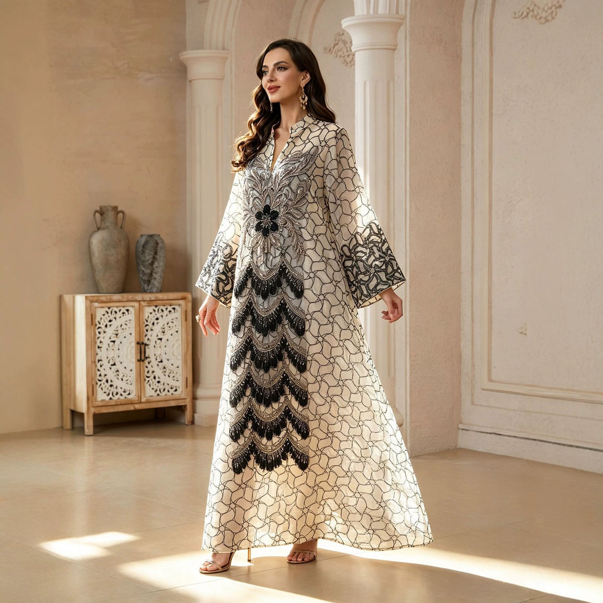 Premium Embroidered Floral Mesh Maxi Abaya Gown for Muslim Women Elegant Arabic Kaftan Robe Eid Ramadan Evening Party Dress