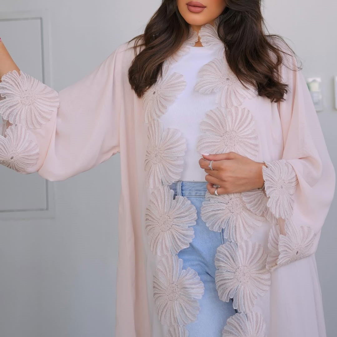 Pink Floral Applique Embellished Open Long Maxi Abaya Dress - Plus Size