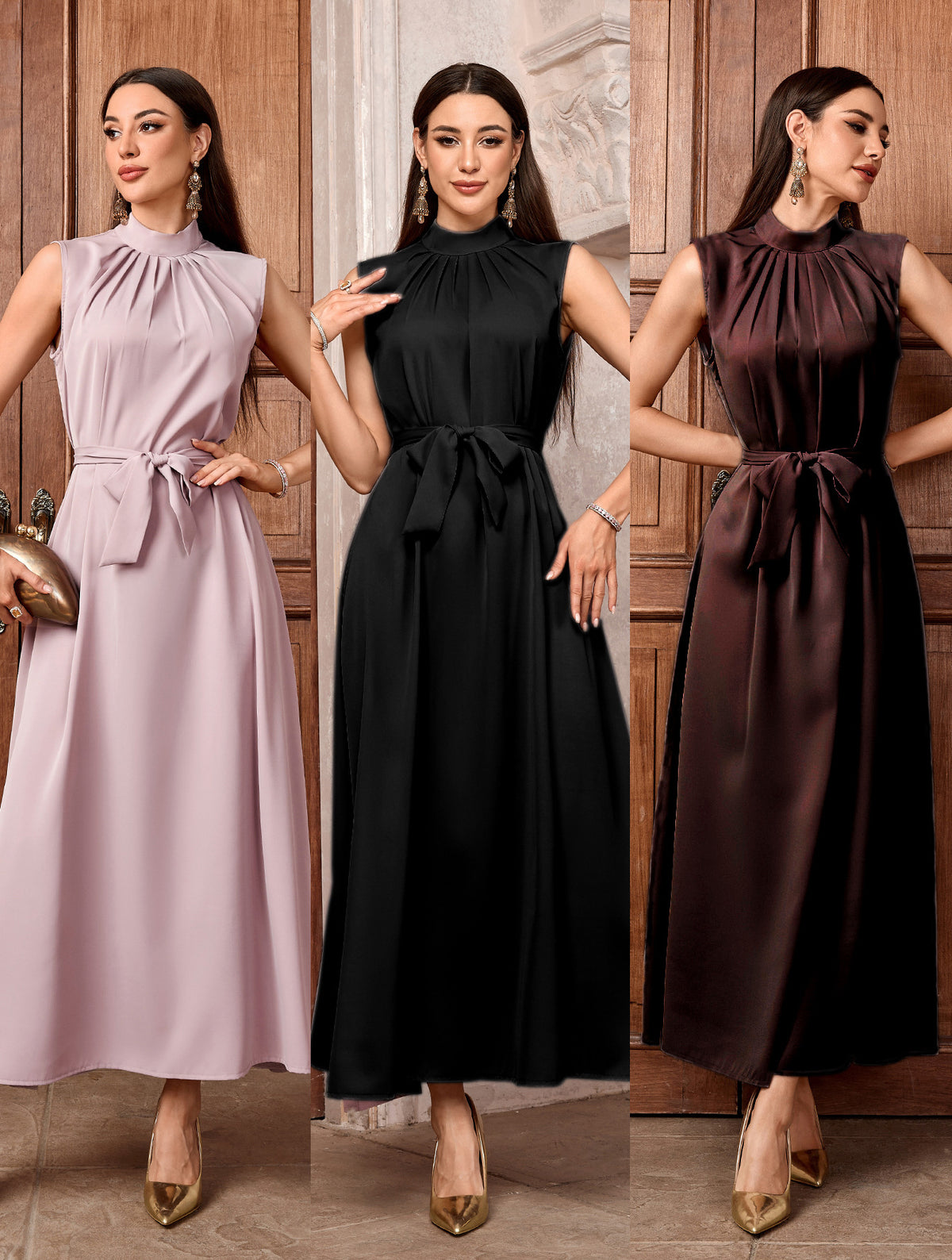 Black Pink Brick Red Sleeveless High Neck Belted Long Maxi Dress Modest Muslim Inner Abaya