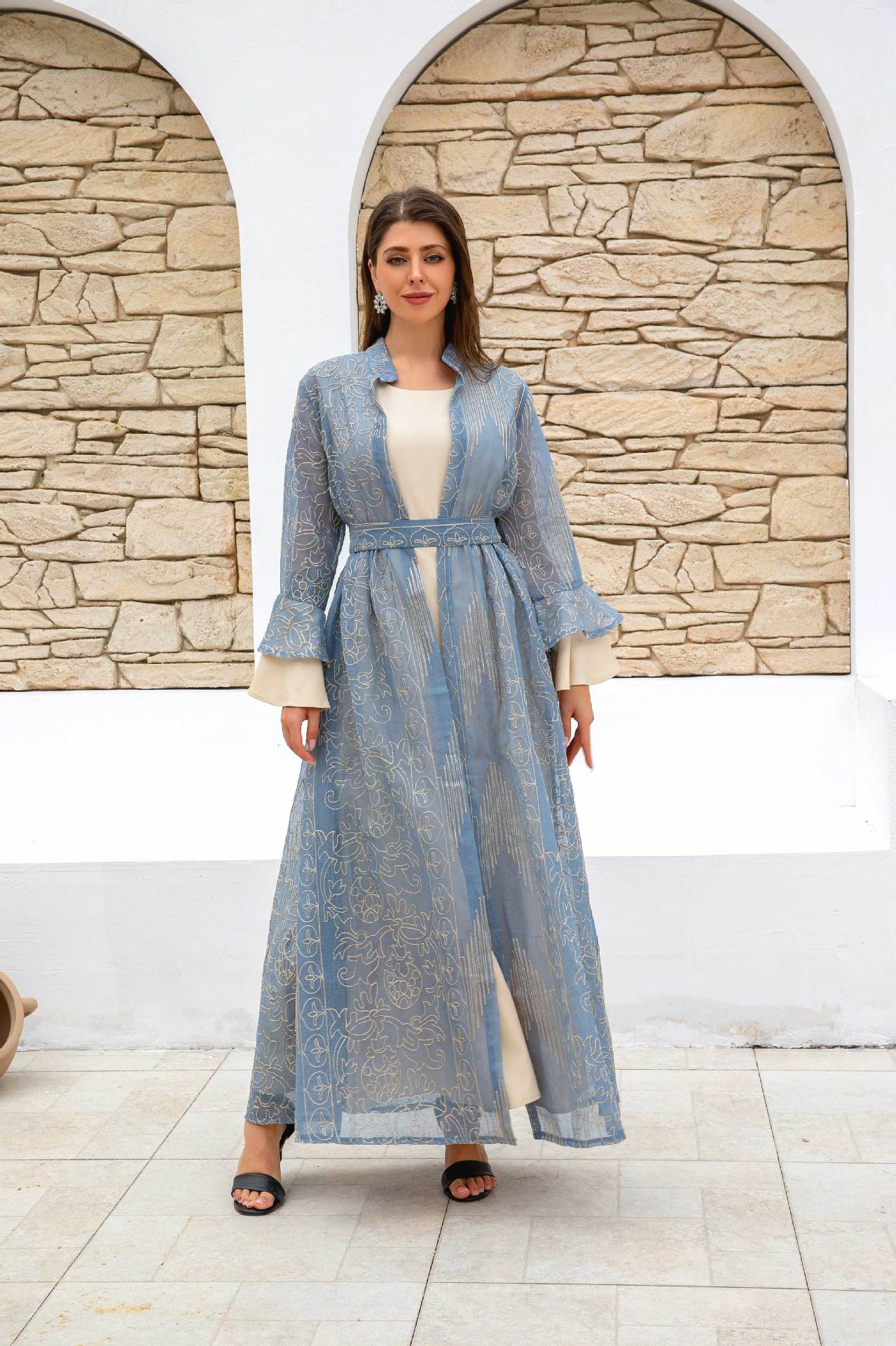 Premium Gold Embroidered Two Piece Abaya Set Women Light Blue Sheer Stand Collar Flare Sleeve Open Robe Matching Waist Belt Floor Length White Inner Dress Luxury Modest Outfit For Middle East Eid Celebration & Nikkah Wedding Ceremony
