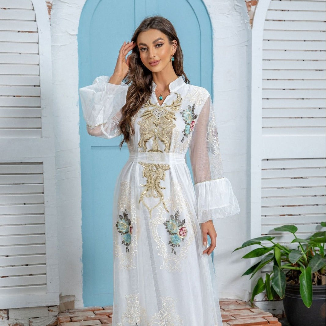 Ramadan Formal Embellished Abaya Champagne Gold Sparkly Rhinestone Stitch Round Neck Wide Flowy Sleeves
