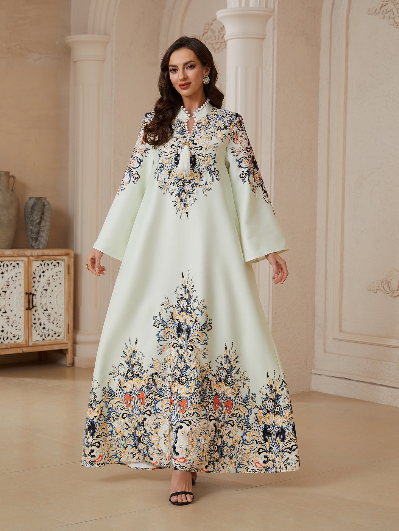 Modest Light Yellow Tassel A-Line Kaftan Maxi Abaya Eid Ramadan