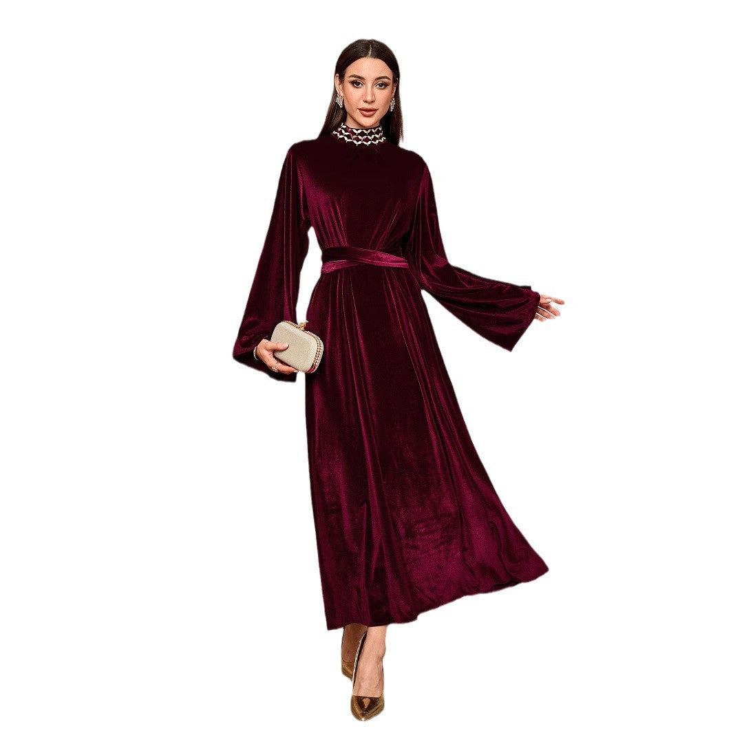 Embroidered Flare Sleeve Kaftan Dress with Belt Zipper Front Modest Long Maxi Jalabiya for Muslim Women Eid Daily Wear S-XL