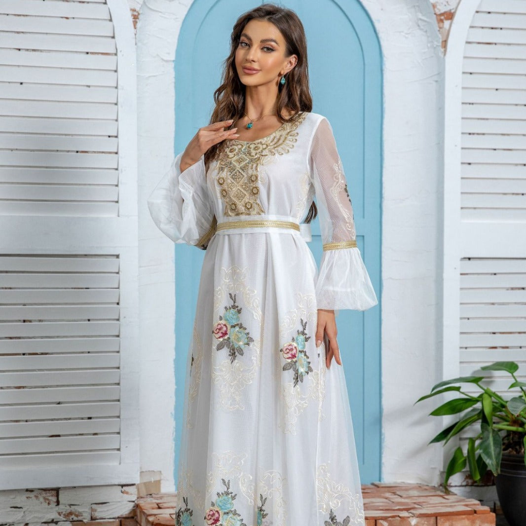 Radiant White Embroidered Abaya – Modest Evening Maxi Robe