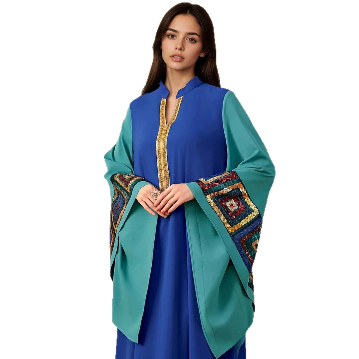 Blue Color Block Sequin Embroidered Stand Collar Gown Long Maxi Dress Modest Muslim Banquet