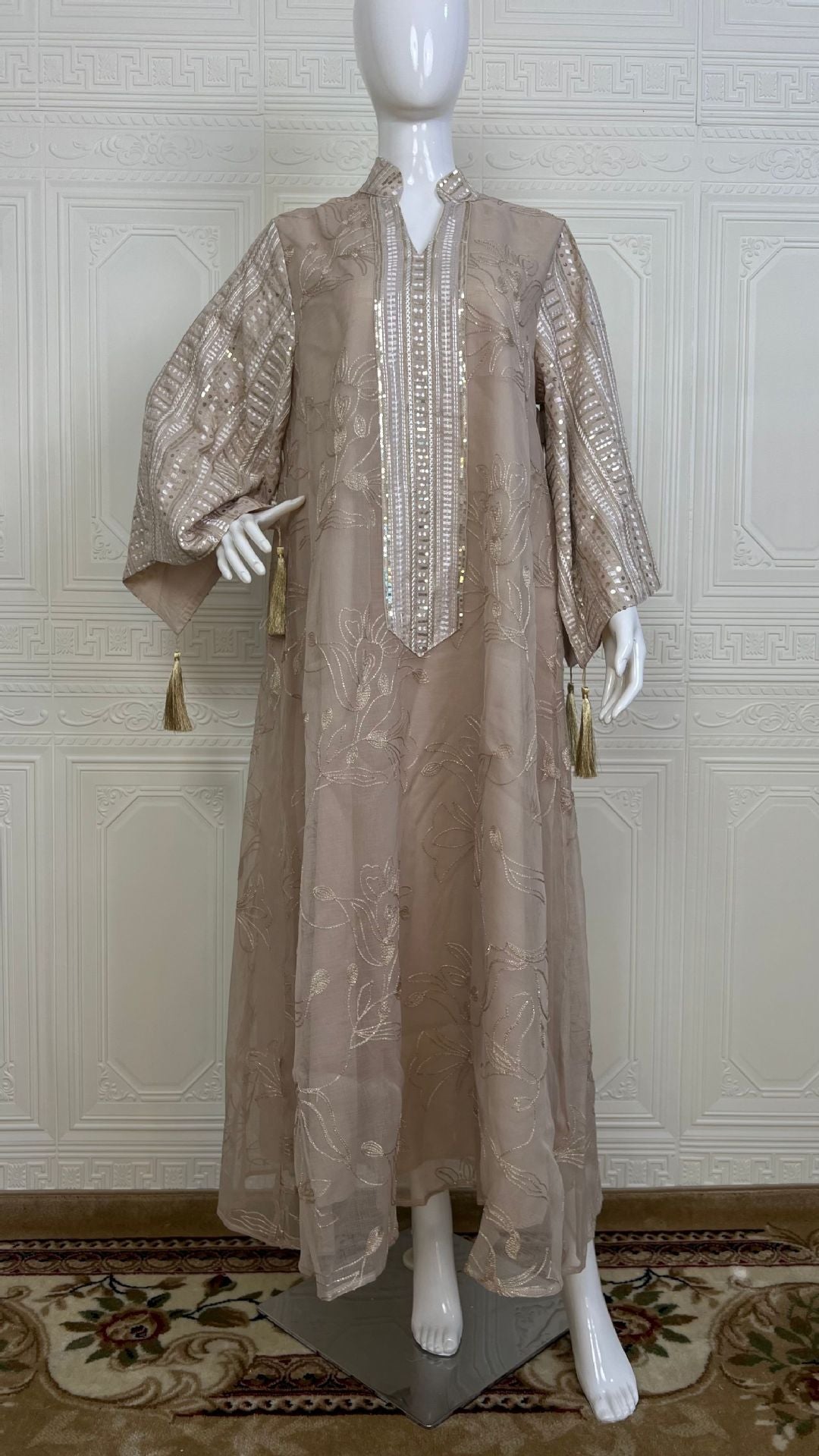Sage Green Nude Burgundy 3 Tone Embroidered Muslim Maxi Dress Sequin Sleeve Flowy Chiffon Ramadan Vacation Robe