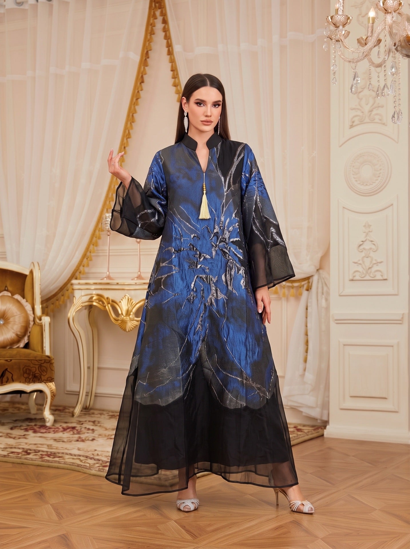 Multi-Color V-Neck Jacquard Lined Evening Maxi Abaya Dress