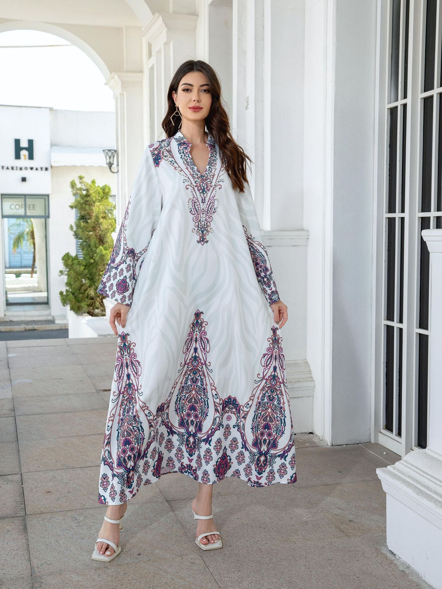 White Floral Print Mandarin Collar Rhinestone Plus Size Maxi Abaya