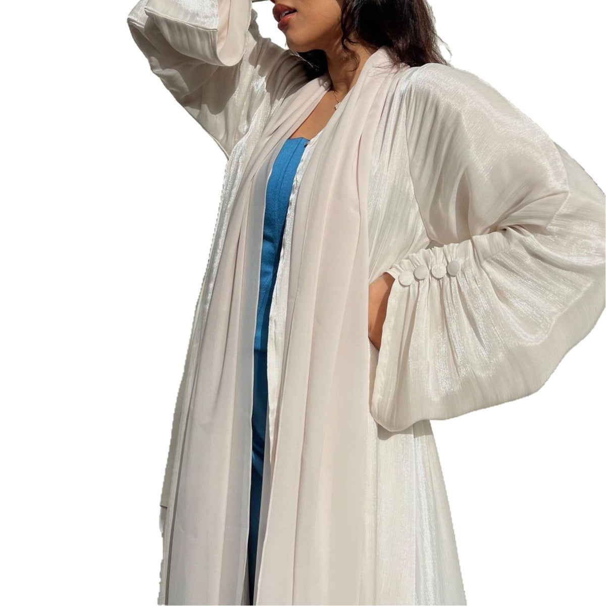 Elegant Button Cuff Open Cardigan Gown Modest Maxi Dress Abaya Jalabiya for Muslim Women Eid Ramadan Party One Size