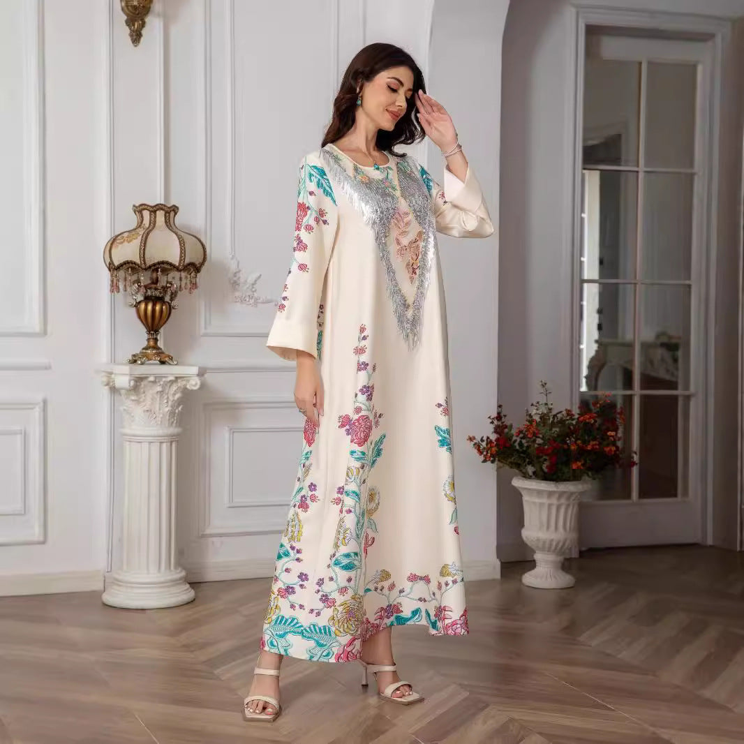 Ivory Floral Print Pullover Abaya - All-Over Stretch Modest Maxi Dress