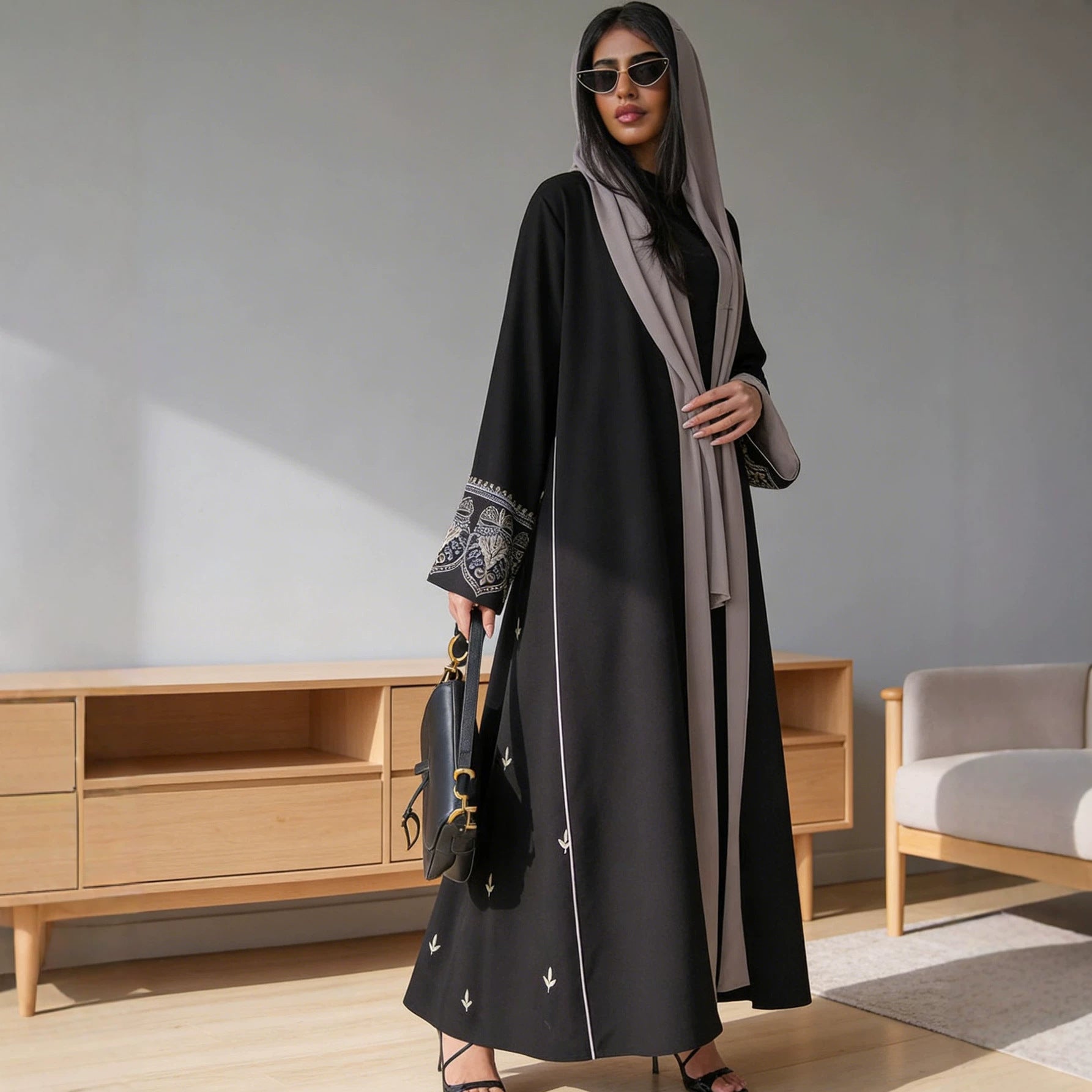 Embroidered Open Front Abaya Cardigan Modest Long Maxi Dress Jalabiya for Muslim Women Eid Ramadan Party Daily Wear One Size