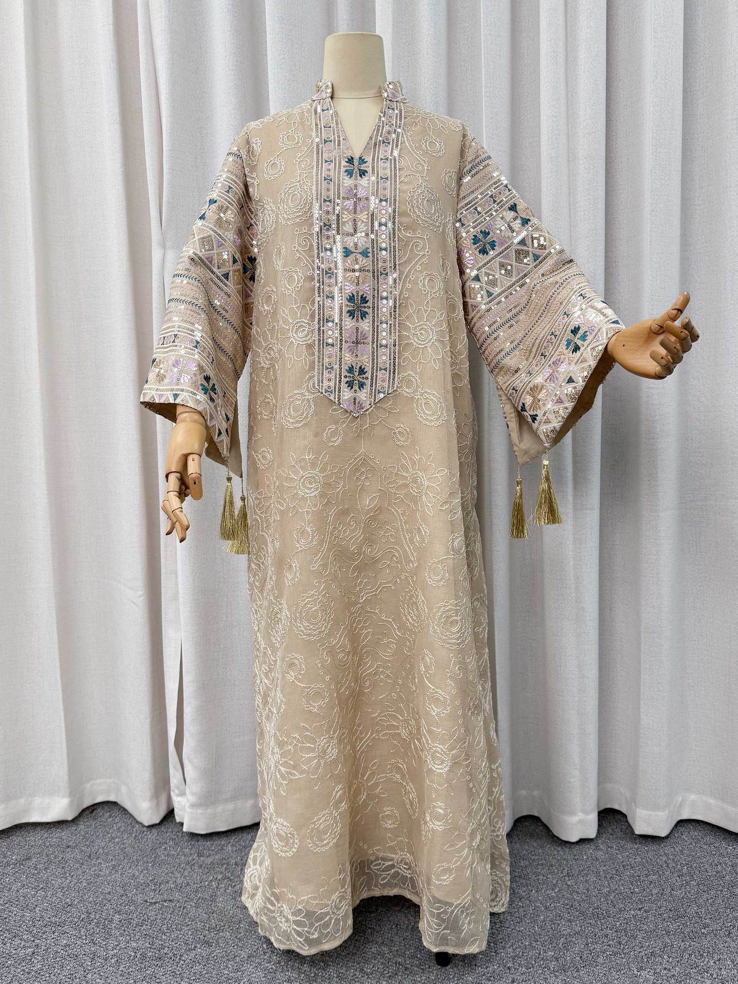 Elegant Sequin Embroidered Mesh Abaya Dress Jalabiya Modest Long Maxi Dress for Muslim Women Eid Ramadan Evening Party S-XXL