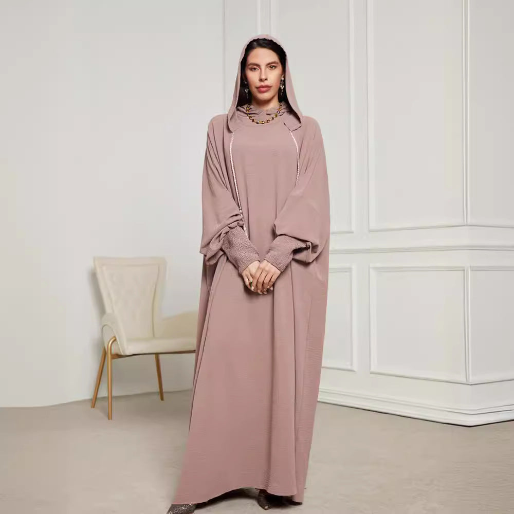Hooded Hijab Abaya Dress with Drawstring Jalabiya Modest Long Maxi Dress for Muslim Women Eid Ramadan Daily Wear S-XXL