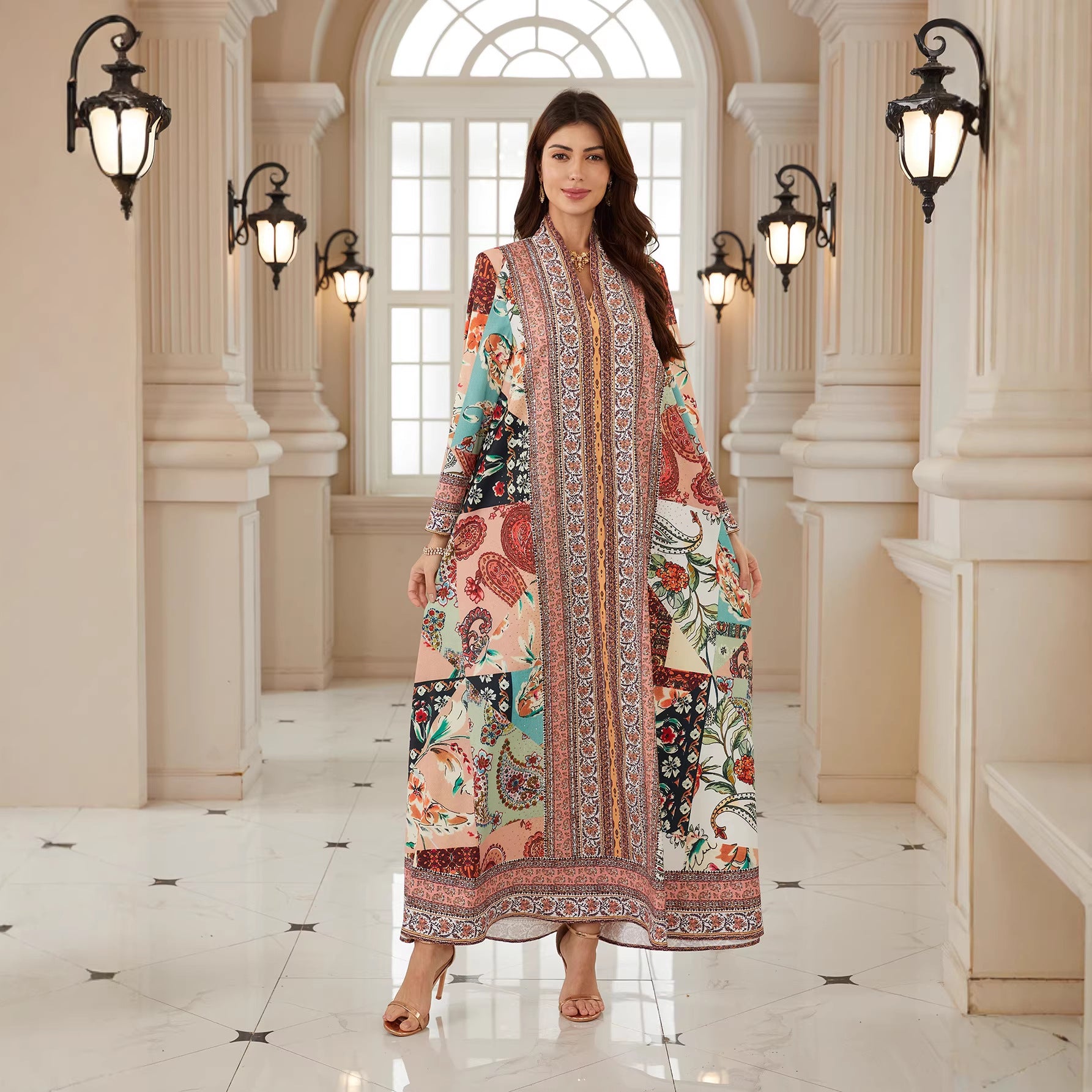 Boho Floral Jalabiya – Loose V-Neck Modest Maxi Dress