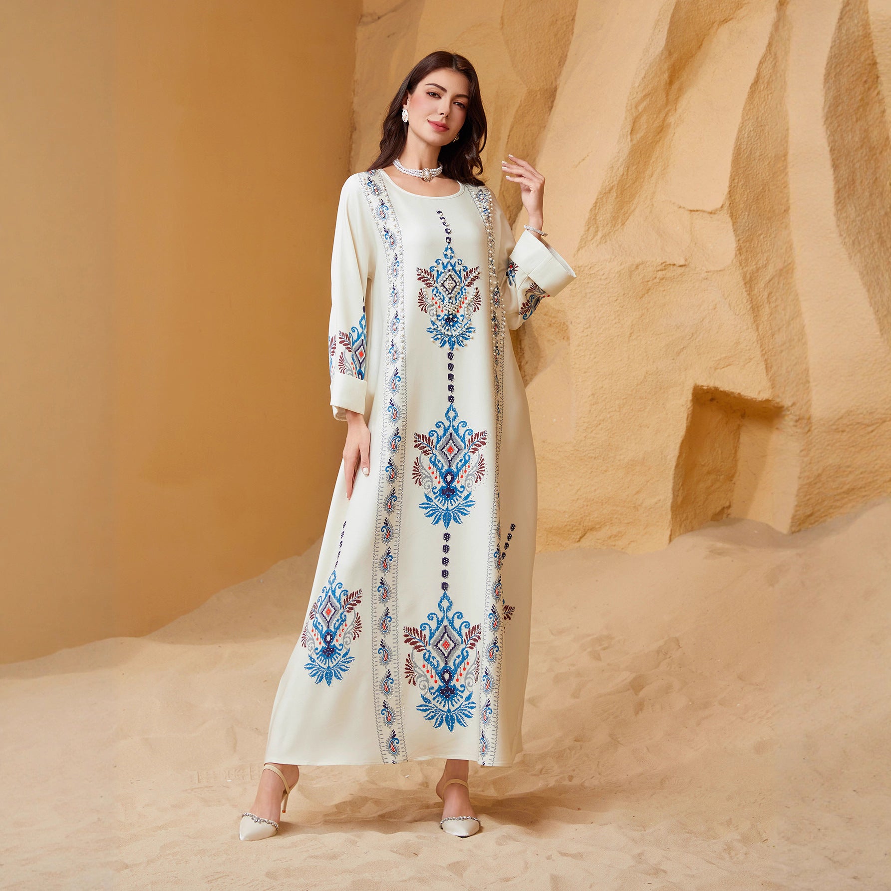 Ivory Printed Abaya Robe - Ethnic Style Modest Long Dress