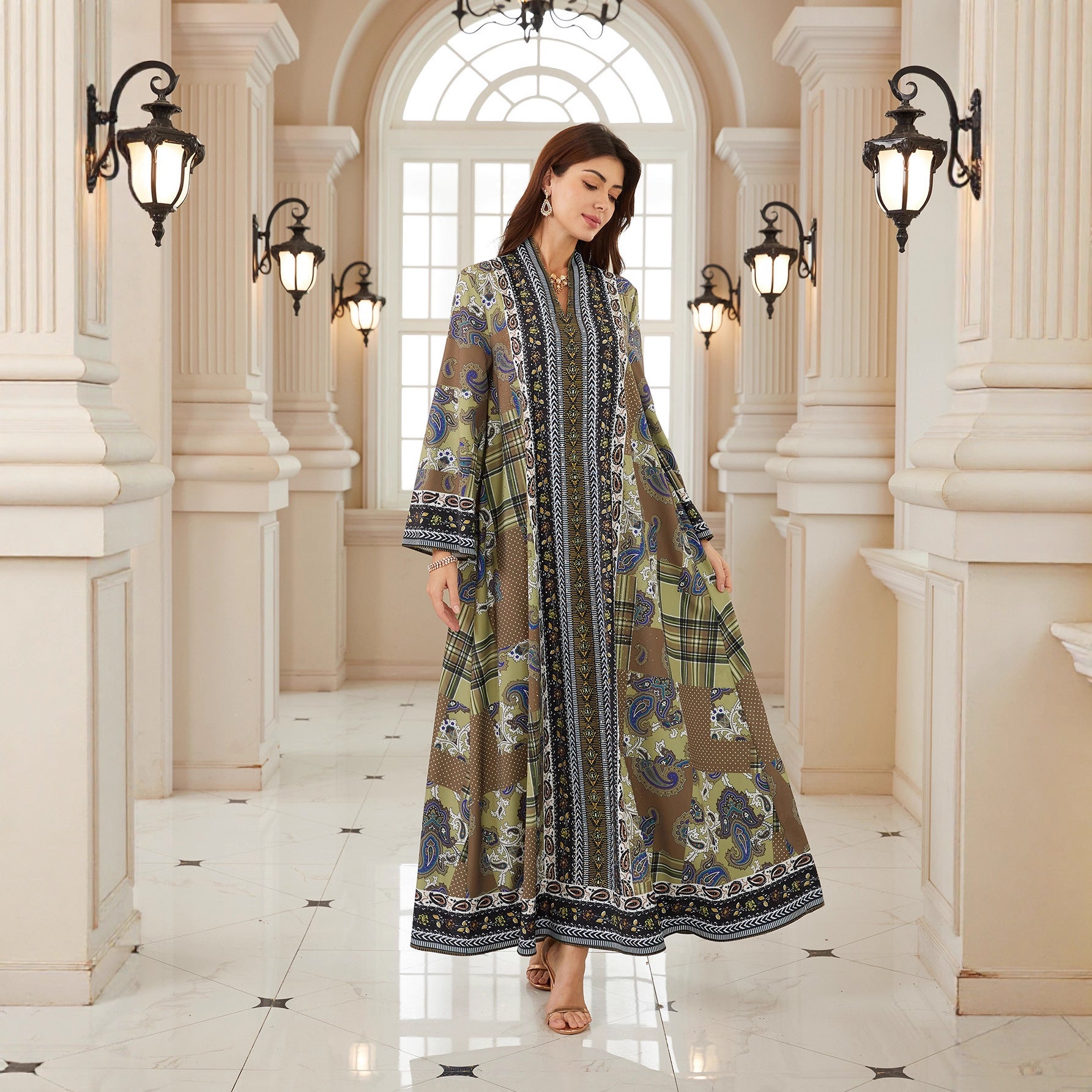 Floral Long Sleeve Rhinestone Abaya 2026 - Modest Muslim Dress Eid