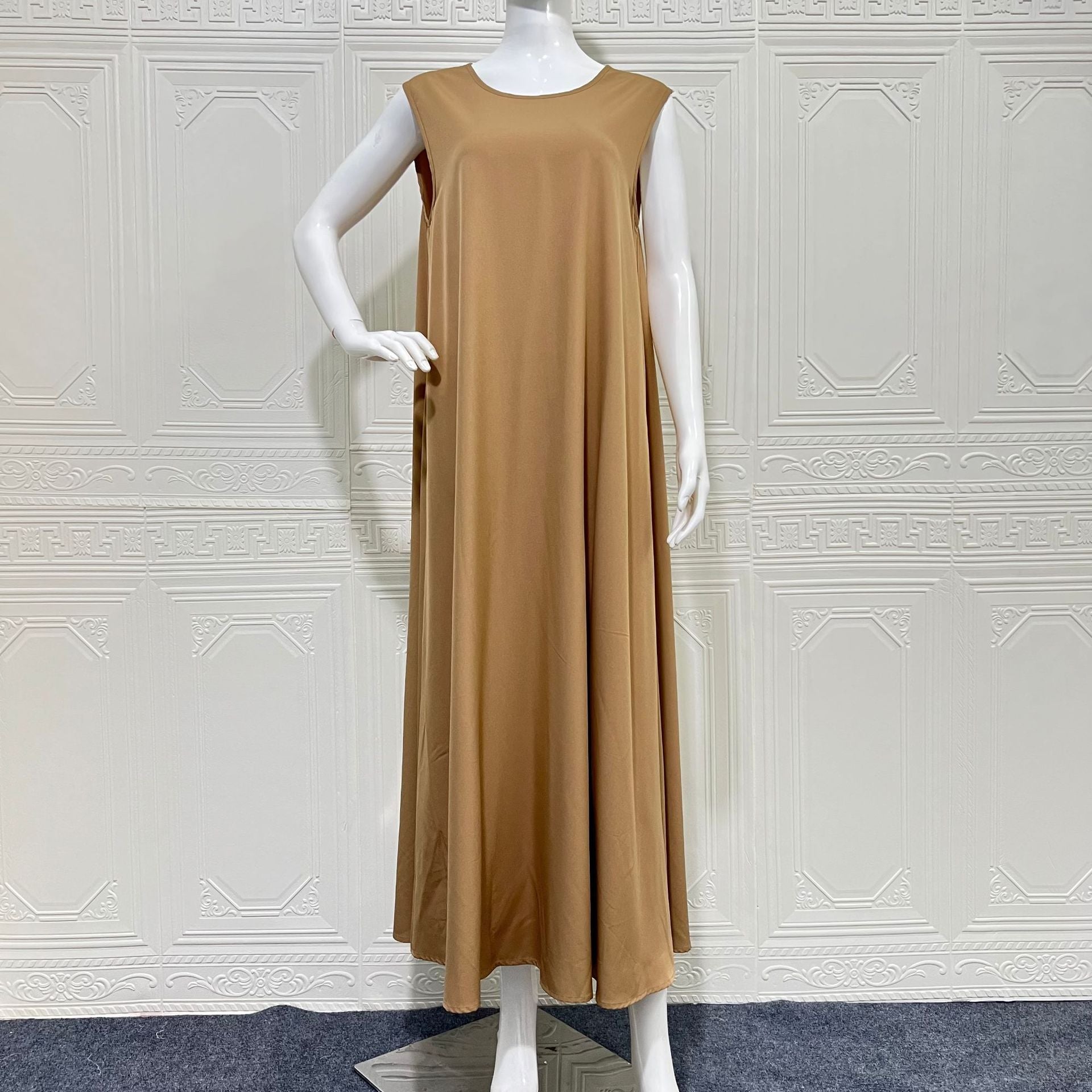 Desert FYP Viral Khaleeji Two-Piece Modest Co-ord Warm Sand Tone Light Woven Outer Kaftan Matching Solid Slip Dress All Over Vintage Black Leaf Print Handcrafted Golden Lace Trim Placket Elastic Gold Waist Belt Bell Flared Tiered Long Sleeve Ruffled