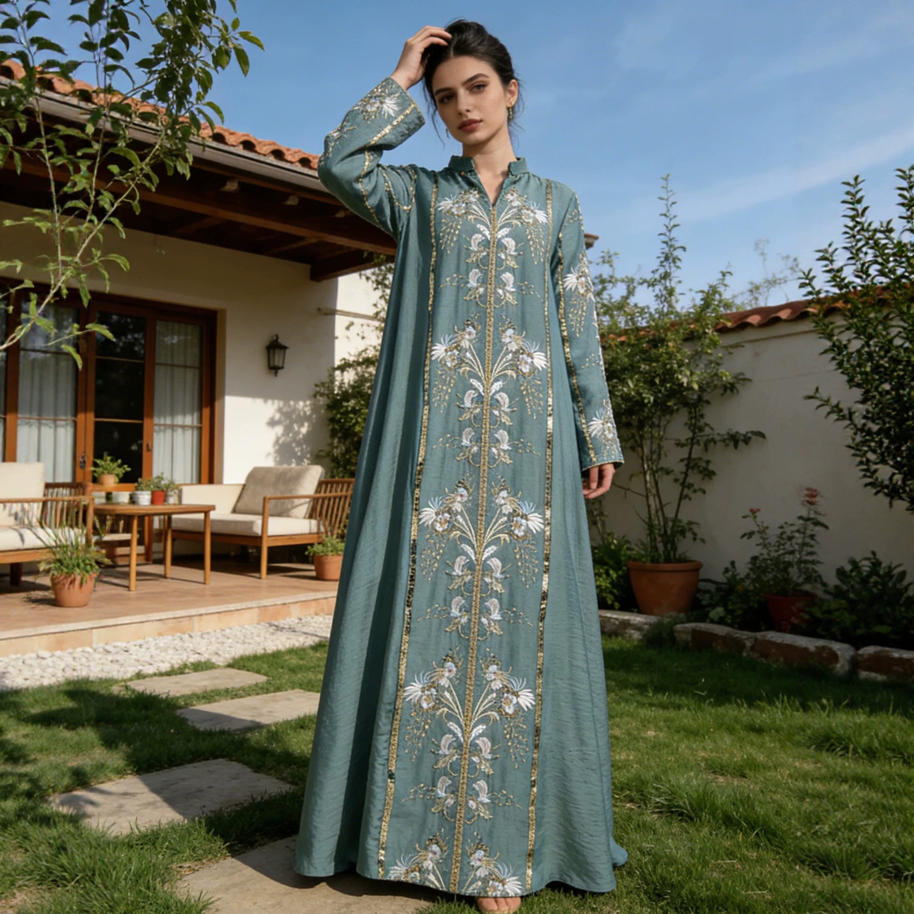 Sequin Applique Embroidered Abaya Jalabiya Modest Long Maxi Dress for Muslim Women Eid Ramadan Formal Evening Party S-XXL