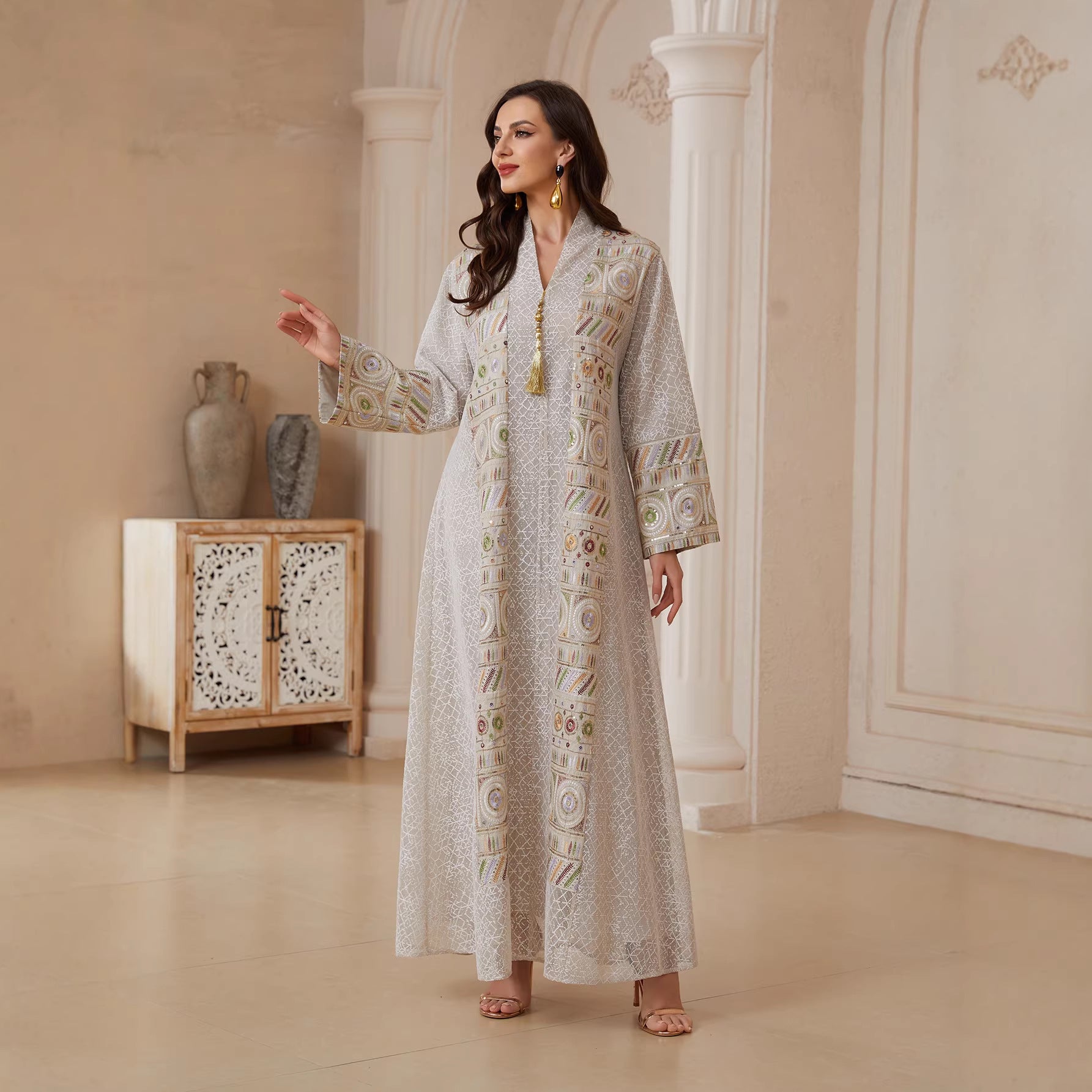 Premium Hand Stitched Embroidery Abaya Women Light Silver Hollow Grid Mesh V Neck Loose Wide Sleeve Tassel Tie Decor Floor Length Modest Outfit For Middle East Wedding & Eid Celebration