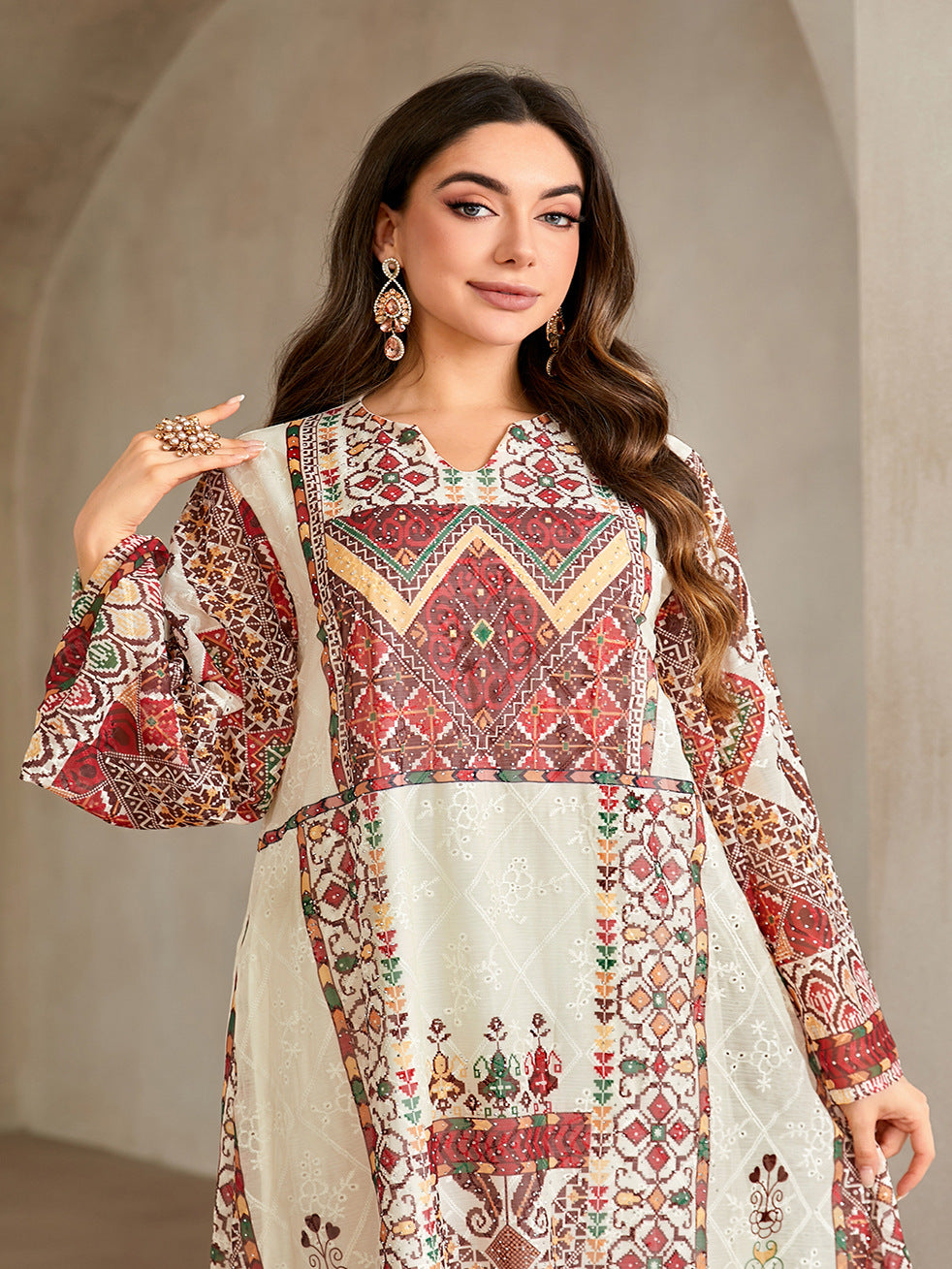 Vintage Ethnic Print Rhinestone Embellished Gown Jalabiya Modest Loose Long Maxi Dress for Muslim Women Eid Ramadan S-XXL