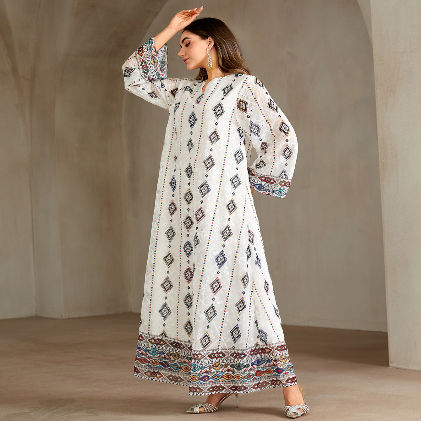 Embroidered Geometric Diamond Print V-Neck Gown Jalabiya Modest Loose Maxi Dress for Muslim Women Eid Ramadan S-XXL