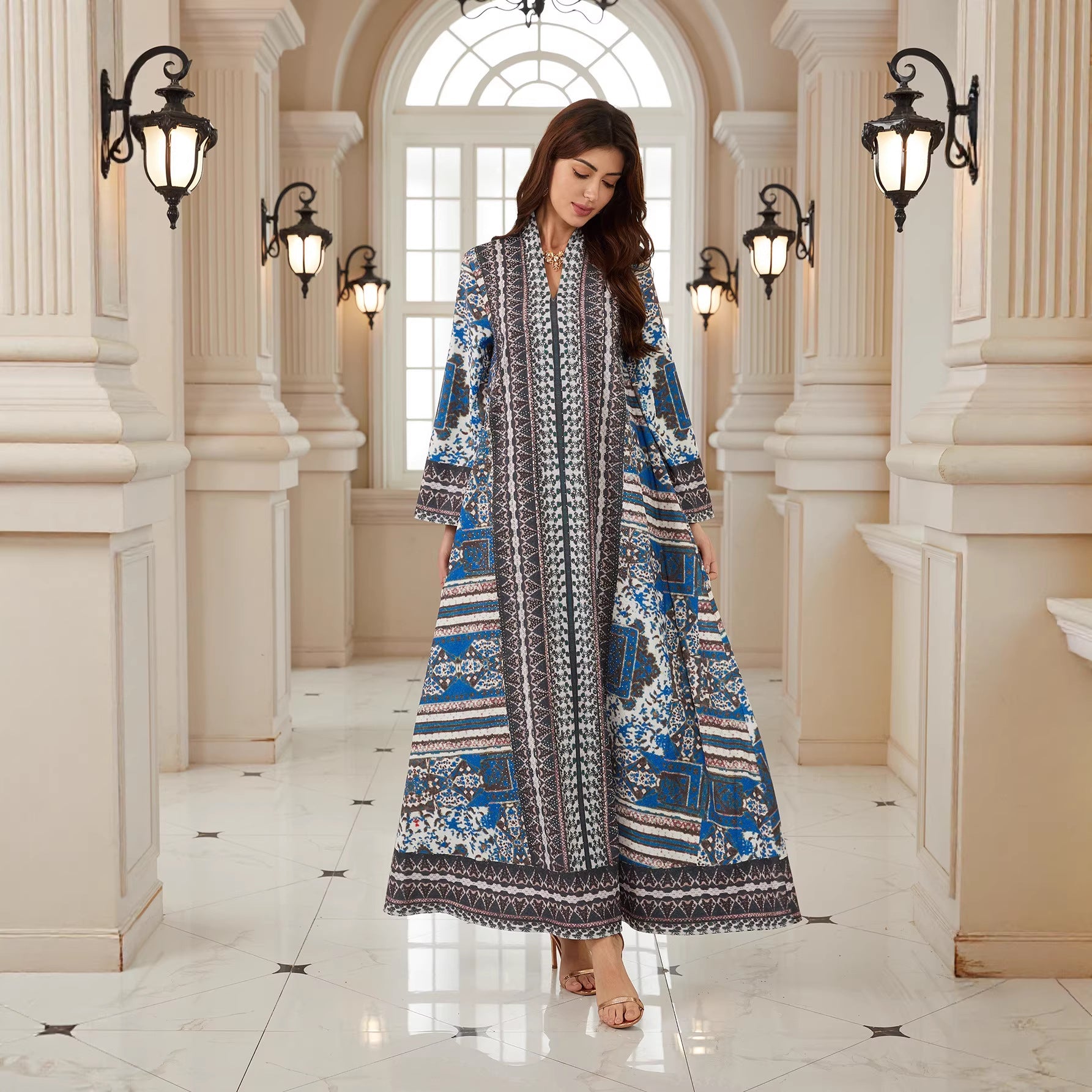 Stylish Grey Long-Sleeve Kaftan – Rhinestone Modest Maxi Dress