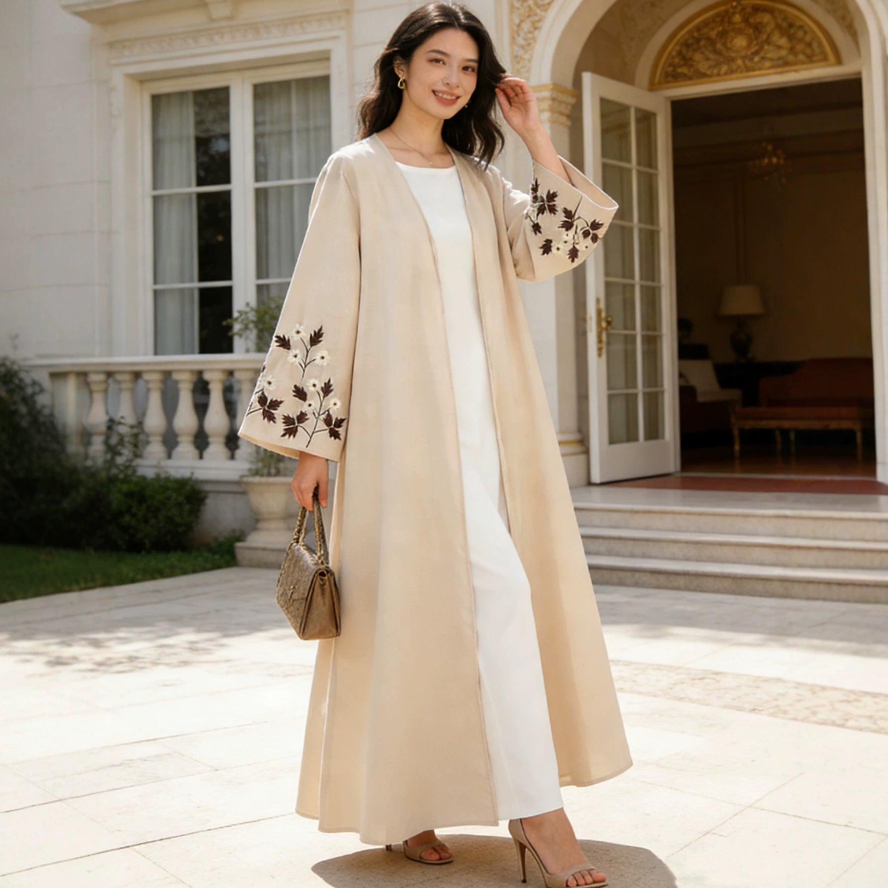 Beige Maple Leaf Embroidered Linen Cardigan Open Front One Size Abaya Modest Long Maxi Dress for Muslim Women Eid Ramadan