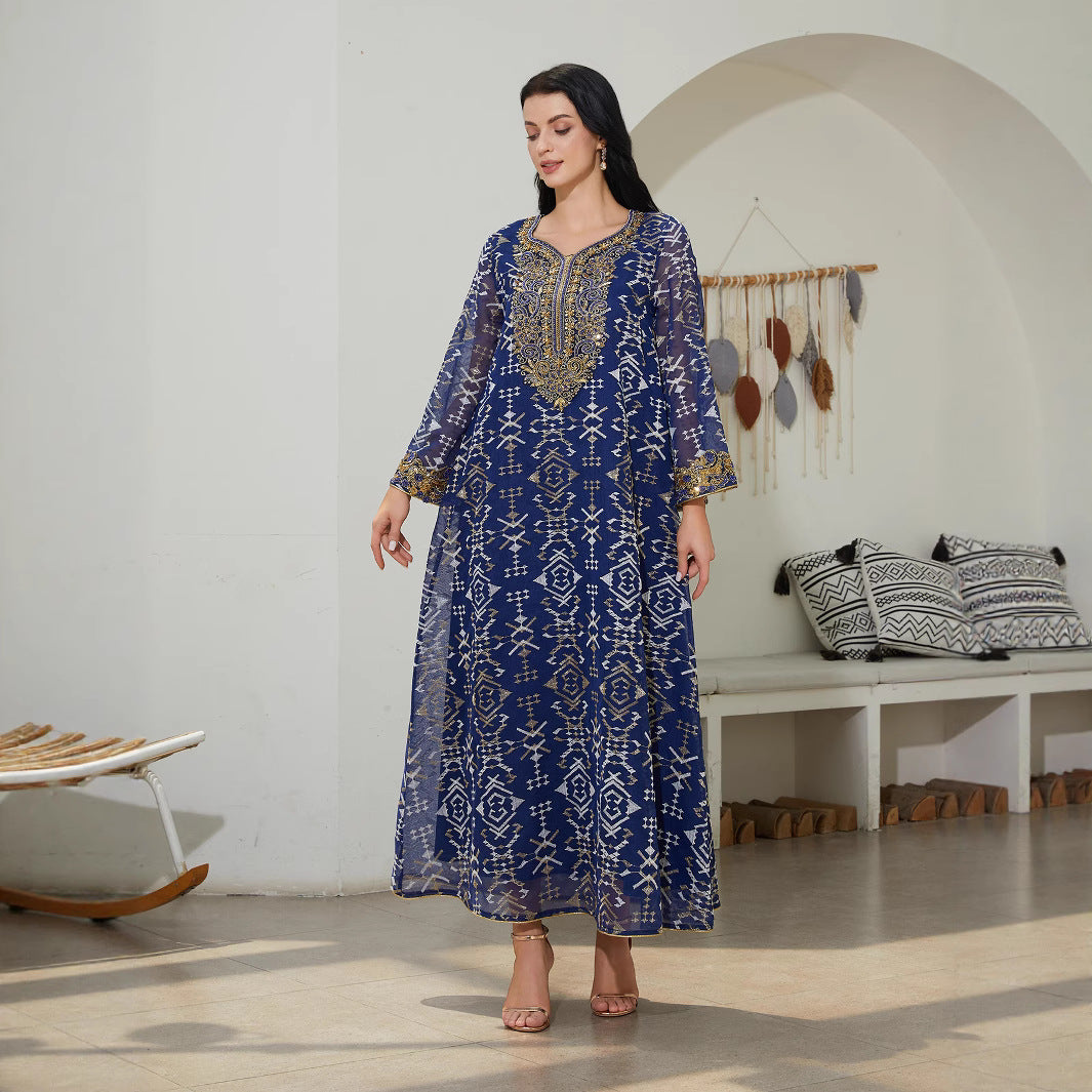 Charming Blue Mesh Kaftan – Embroidered Modest Maxi Dress