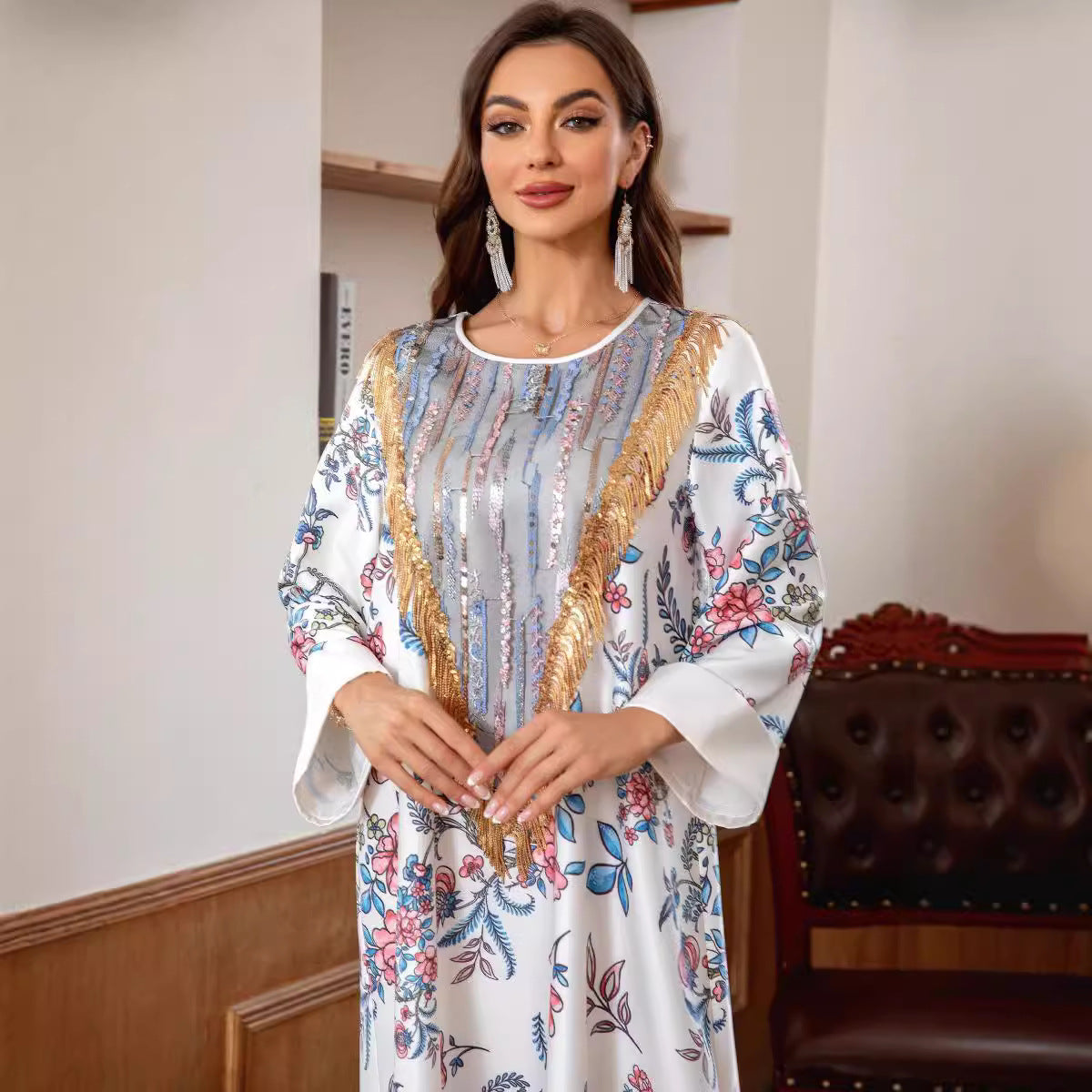 White Floral Print Elegant Abaya - Loose Fitting Modest Long Robe