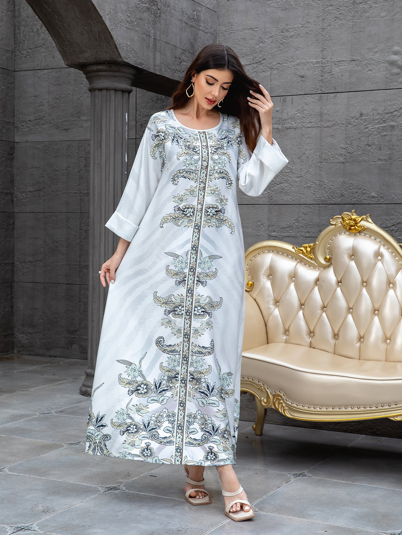 Light Grey Rhinestone Beaded Floral Maxi Abaya Dress