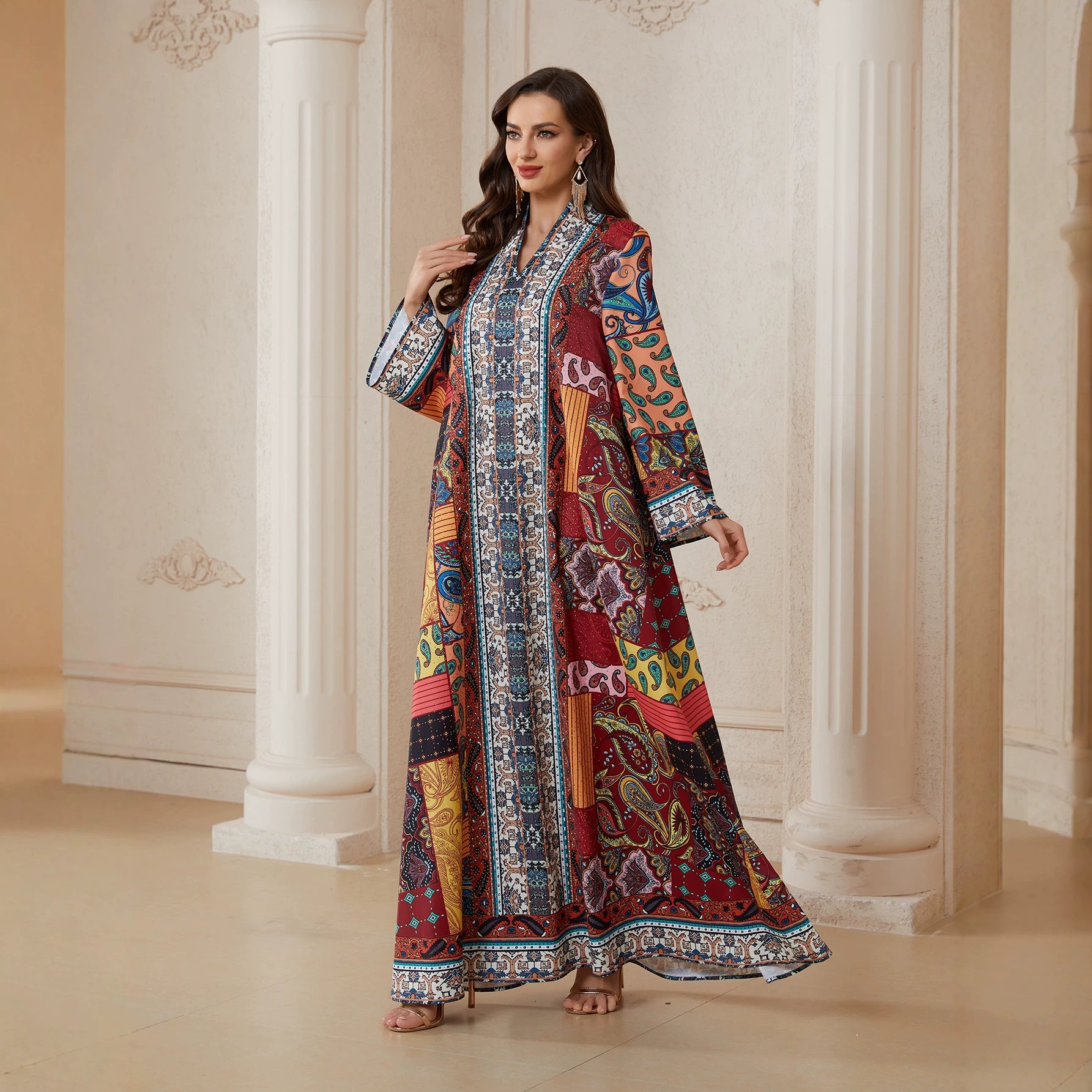Floral Print Rhinestone Ethnic Abaya Robe - Modest Muslim Dress