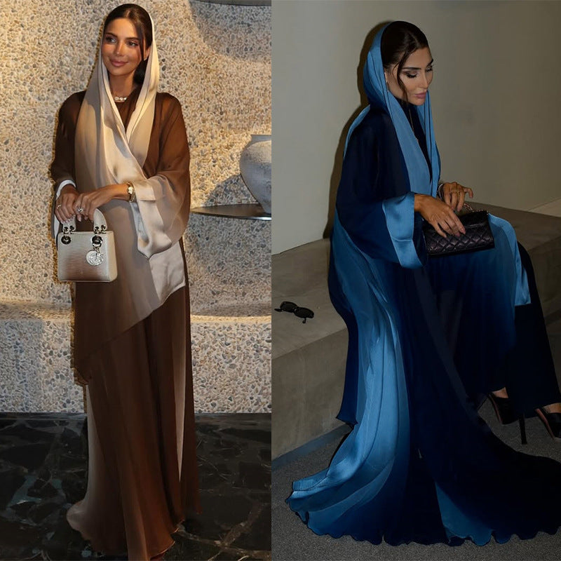 Blue and Brown Floral Print Chiffon Gradient Maxi Dress with Hijab Two-Piece Set