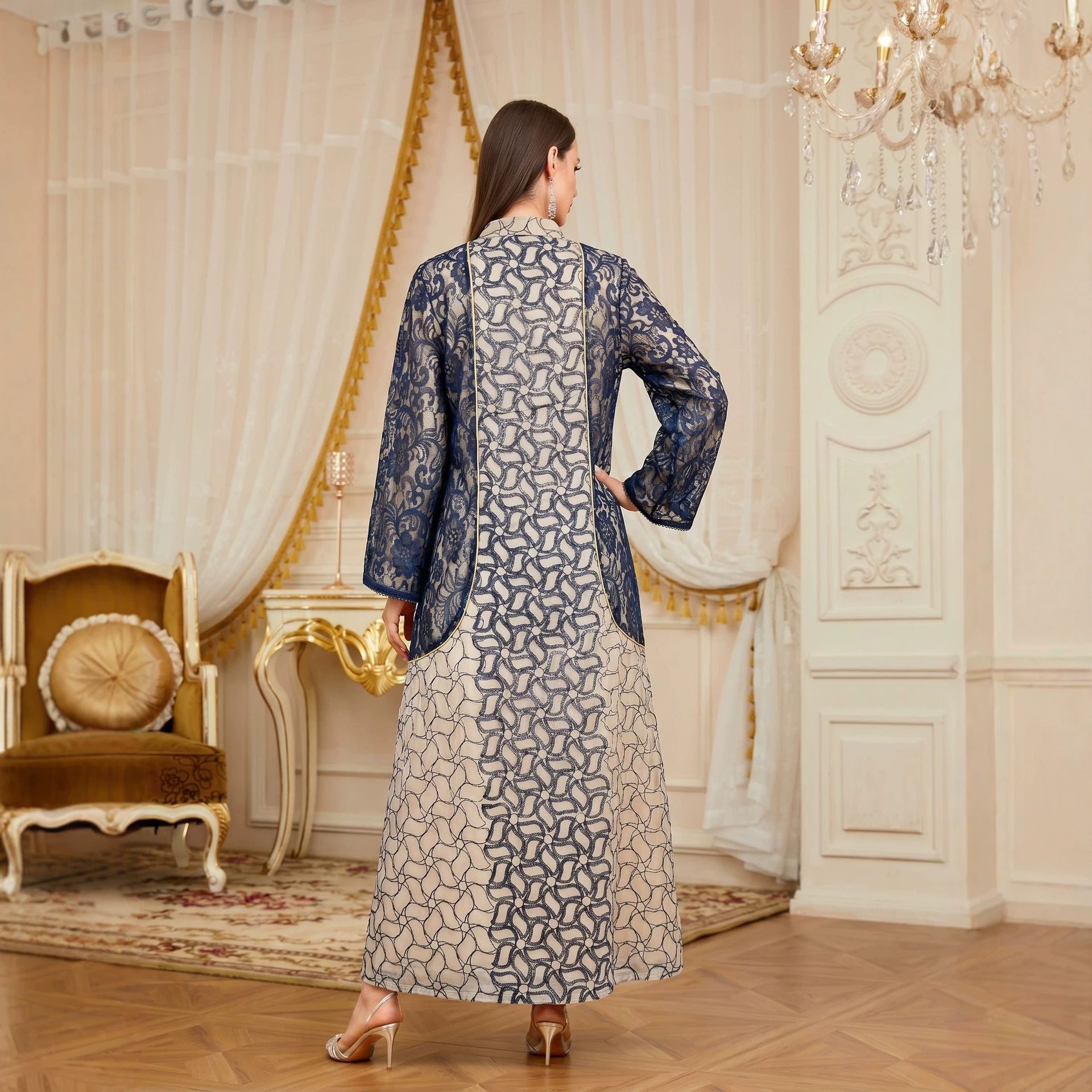 Contrast Lace Trim Sequin Embroidered Gown Jalabiya Modest Long Maxi Evening Dress for Muslim Women Eid Ramadan S-XXL