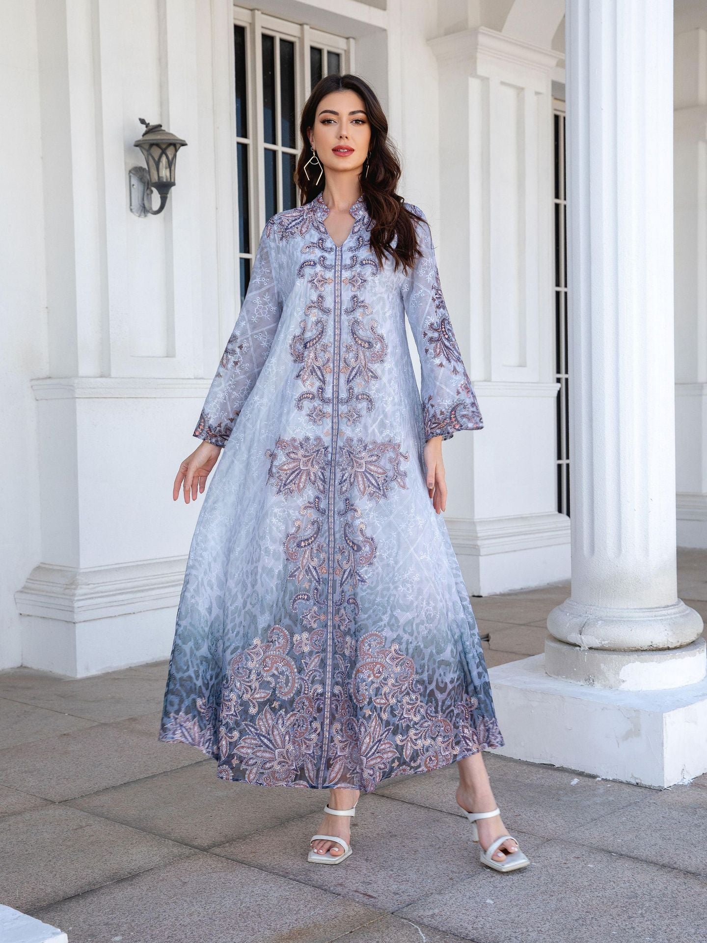 Boho Blue Rhinestone Embroidered Abaya – Modest Muslim Maxi Dress