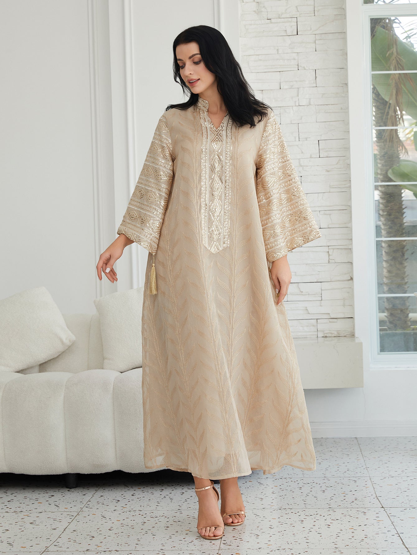Stunning Apricot Beaded Sequin Evening Abaya Maxi Robe Eid Ramadan