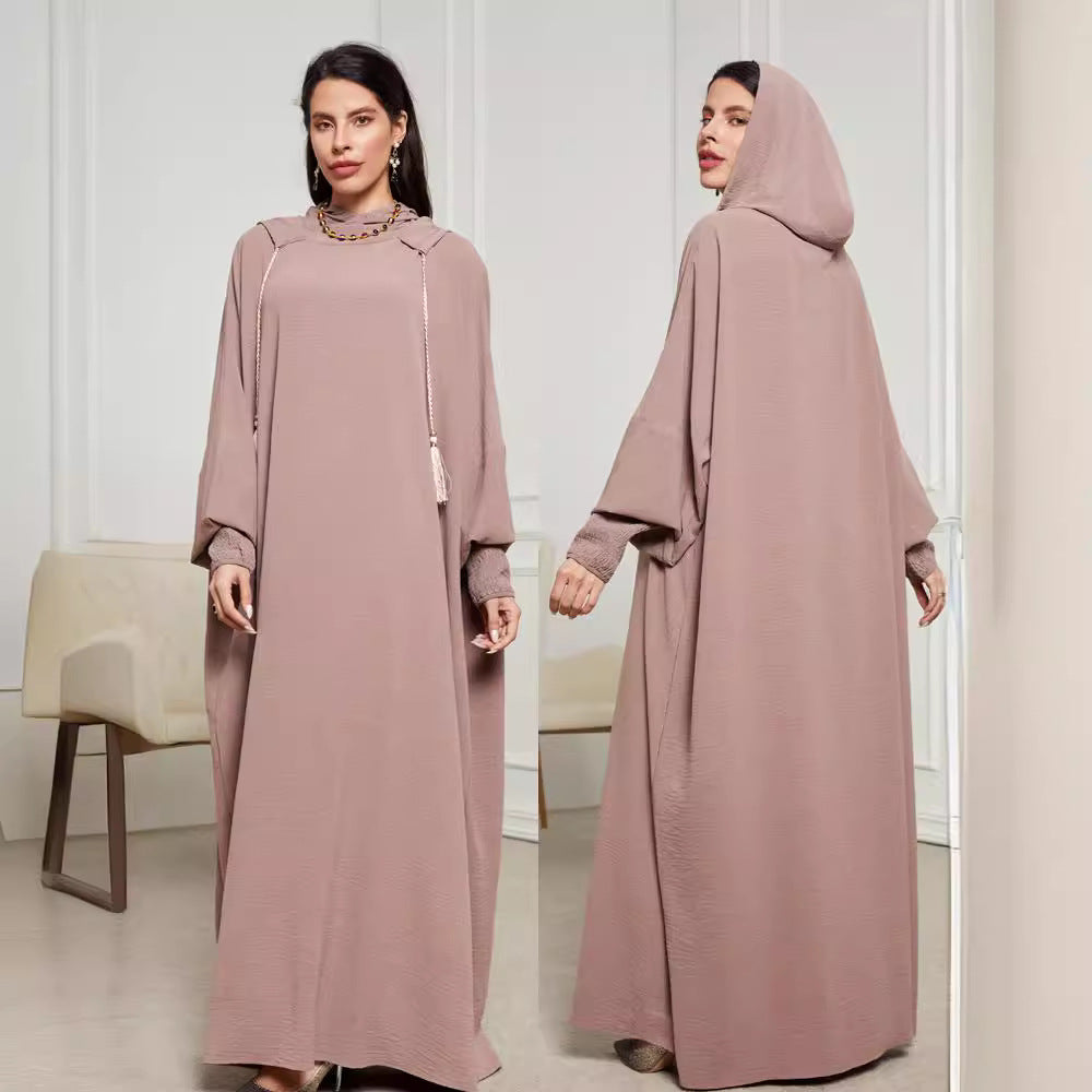 Hooded Hijab Abaya Dress with Drawstring Jalabiya Modest Long Maxi Dress for Muslim Women Eid Ramadan Daily Wear S-XXL