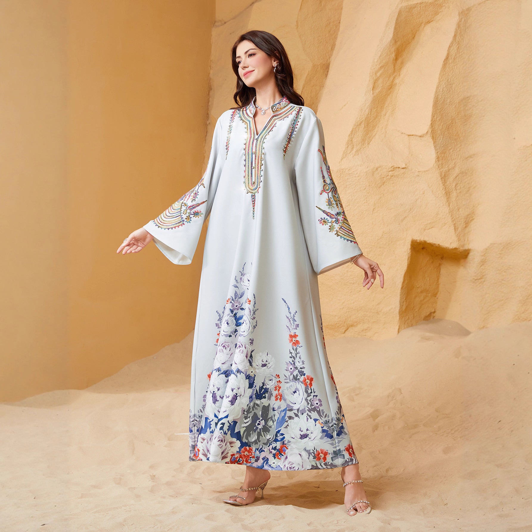 Deep Navy Solid Plain Premium Arabian Craft Open Front Modest Outer Tunic Rich Airflow Light Single Layer Chiffon Textile Zero Embroidery Minimalist Clean Plain Fabric Shallow V Notch Open Neckline Full Front Thin Metallic Trim Without Decor Buttons