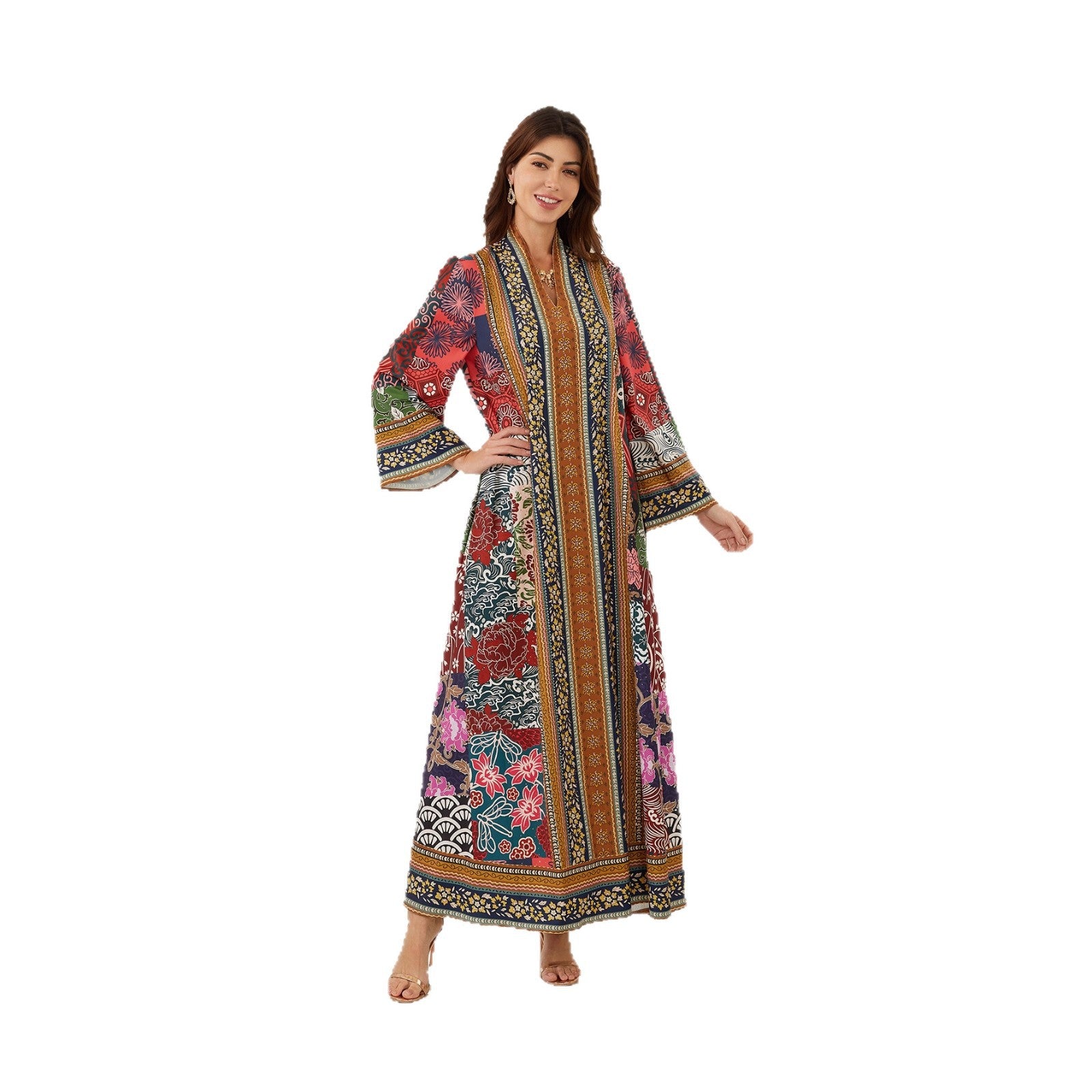 Radiant Floral Jalabiya – V-Neck Bohemian Modest Maxi Dress