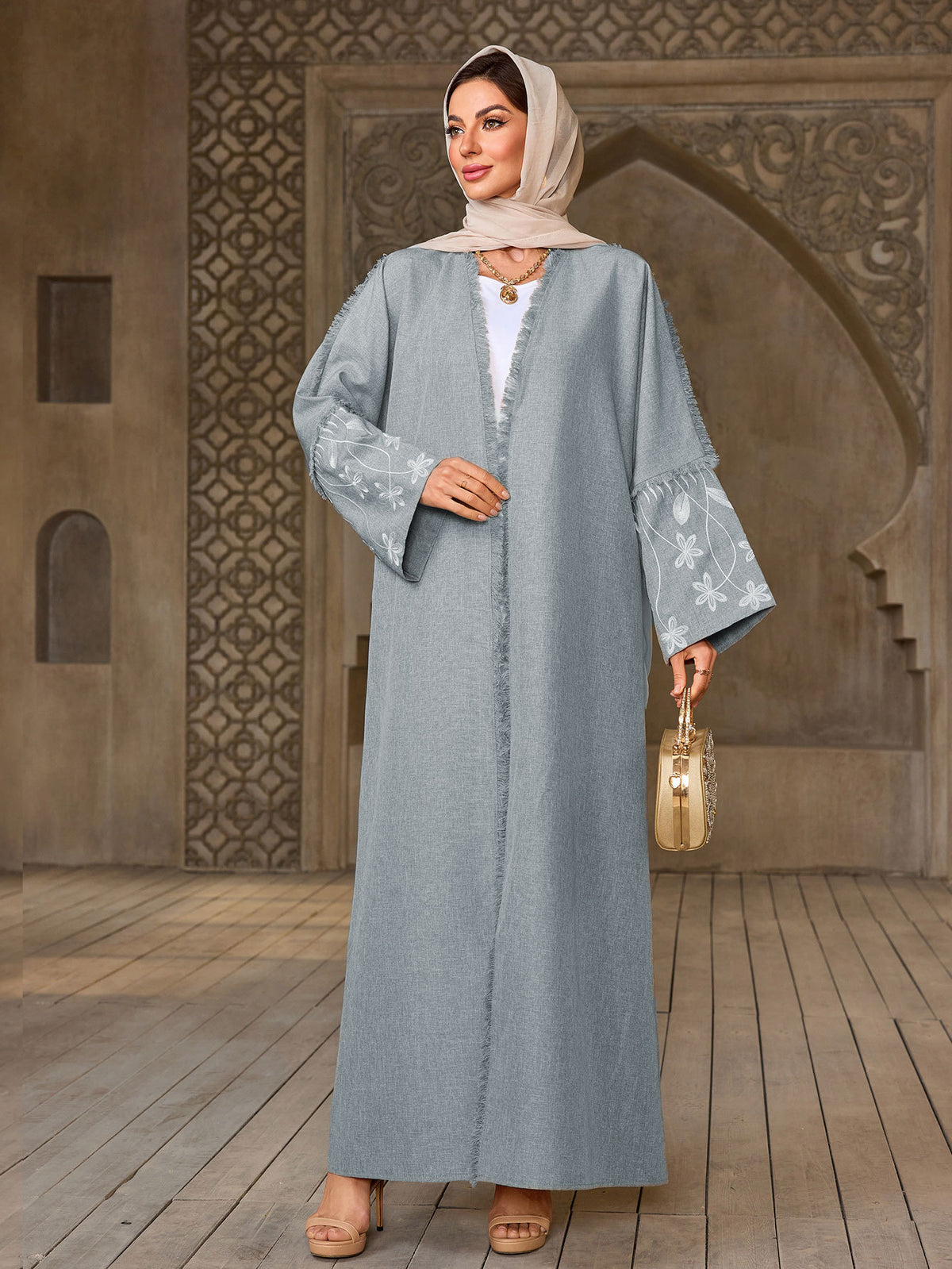 Floral Embroidered Elegant Open Front Abaya Cardigan Modest Long Maxi Dress Gown for Muslim Women Eid Ramadan Banquet M-L